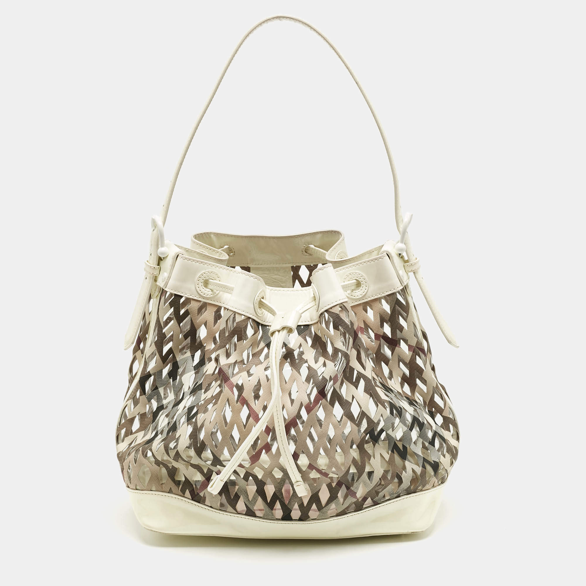 Pre Owned Burberry White/Beige Nova Check Laser Cut PVC and Patent Leather Drawstring Hobo
