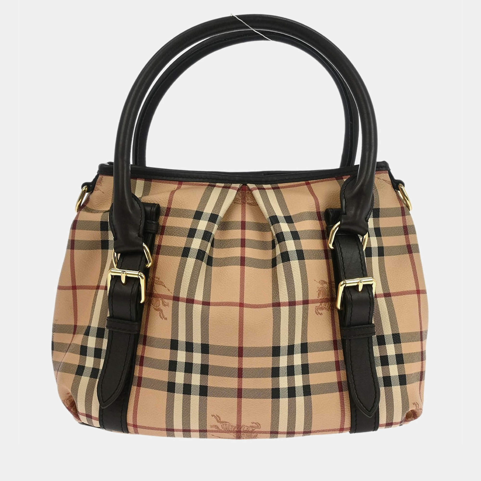 Pre Owned Burberry House Check Beige Coated Canvas and Leather Hobo Bag