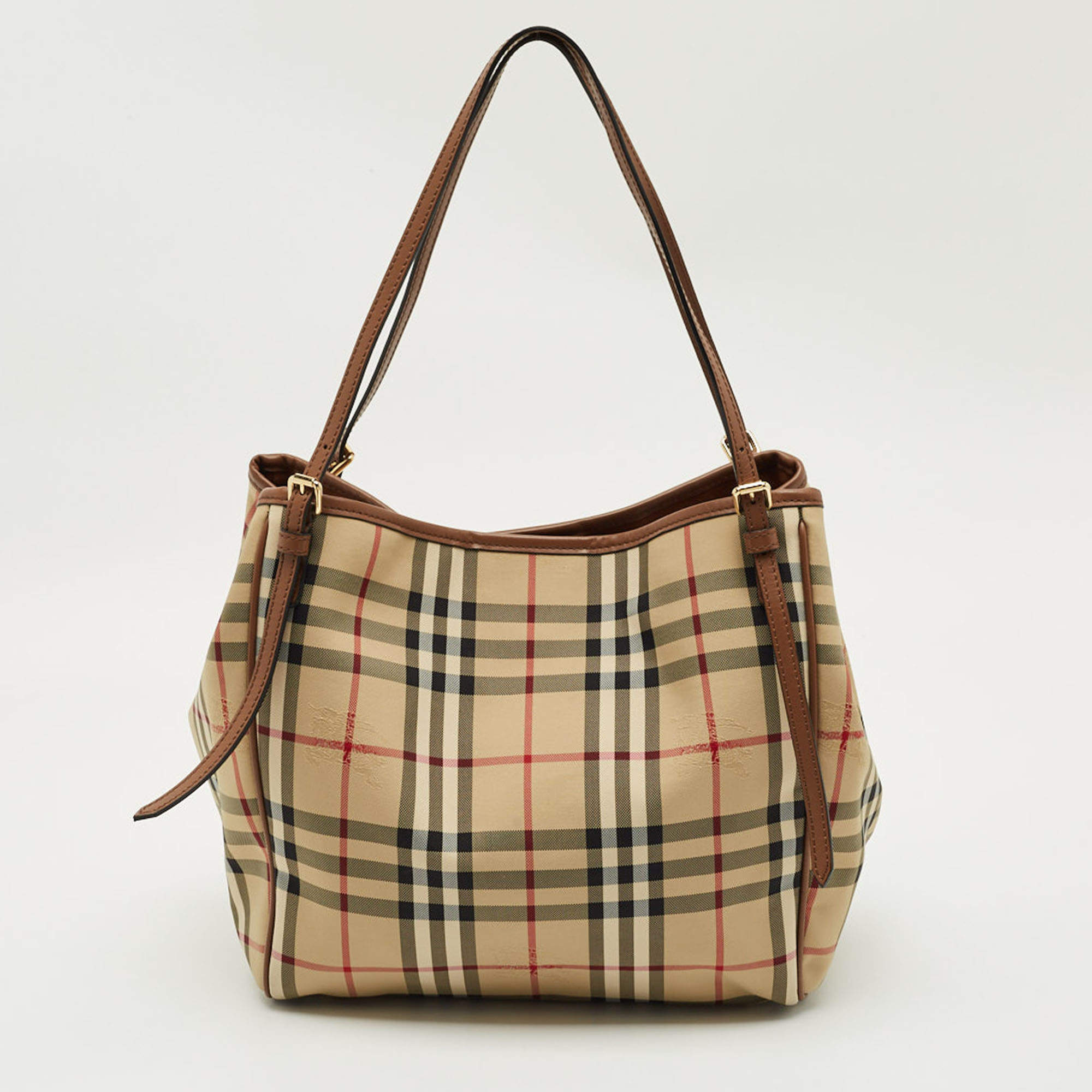 Pre Owned حقيبة يد توتس بربري كانتربري صغيرة جلد ونايلون كاروهات هايماركت بيج/كريم