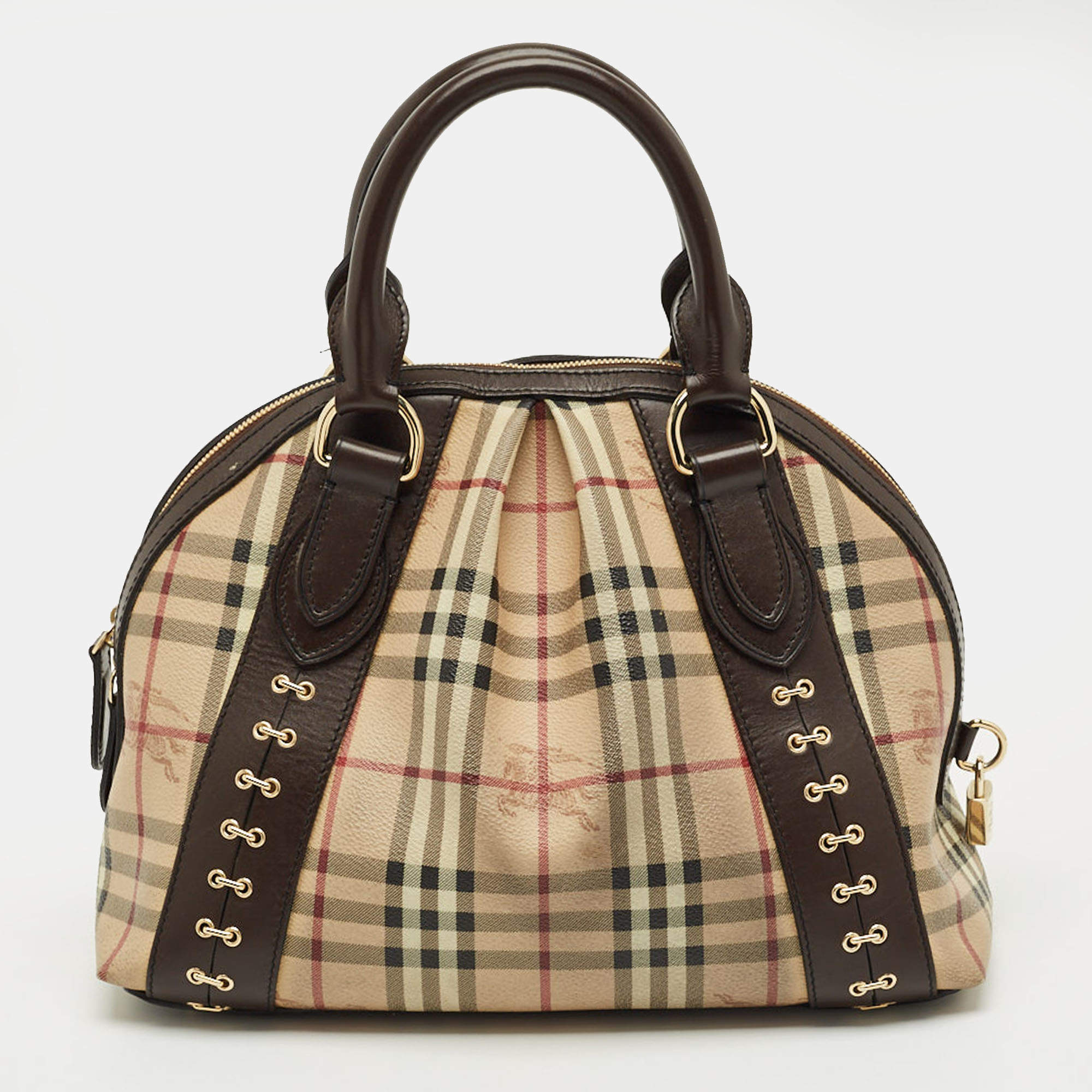 Pre Owned Burberry Brown/Beige Haymarket Check PVC Thornley Satchel