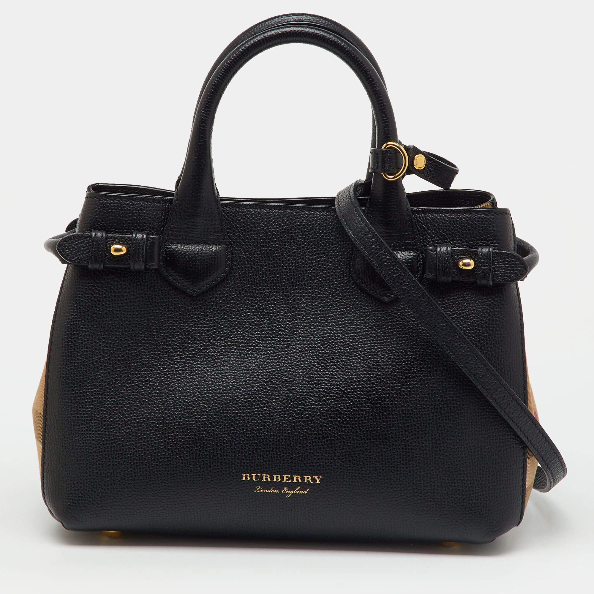 Pre Owned Burberry Black/Beige Leather and House Check Fabric Small Banner Tote