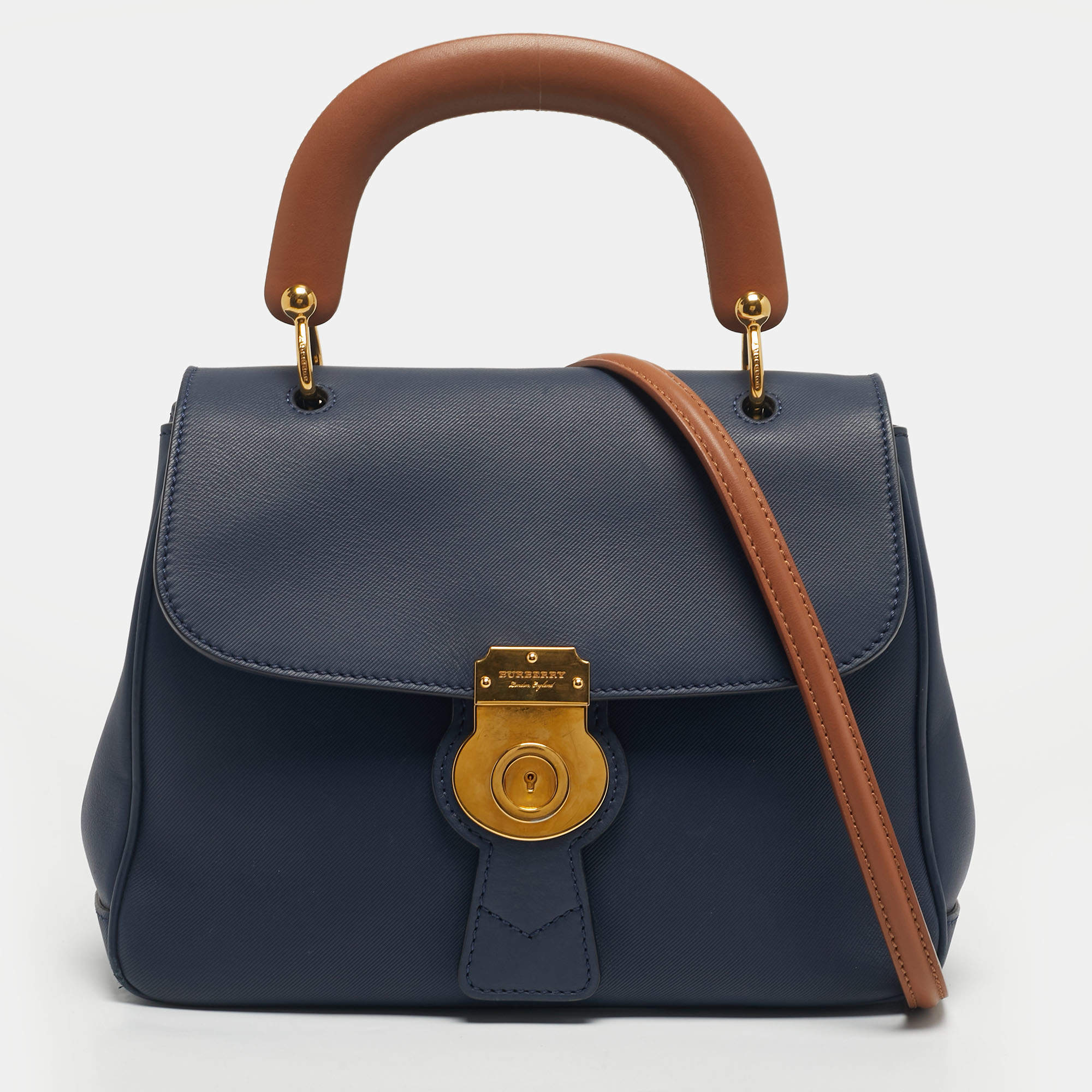 Pre Owned Burberry Navy Blue/Tan Leather Medium DK88 Top Handle Bag