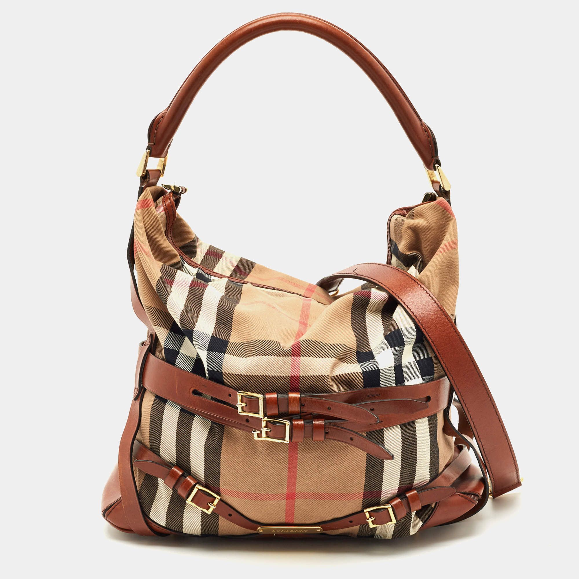 Pre Owned Burberry Brown/Beige House Check Fabric and Leather Medium Bridle Gosford Hobo