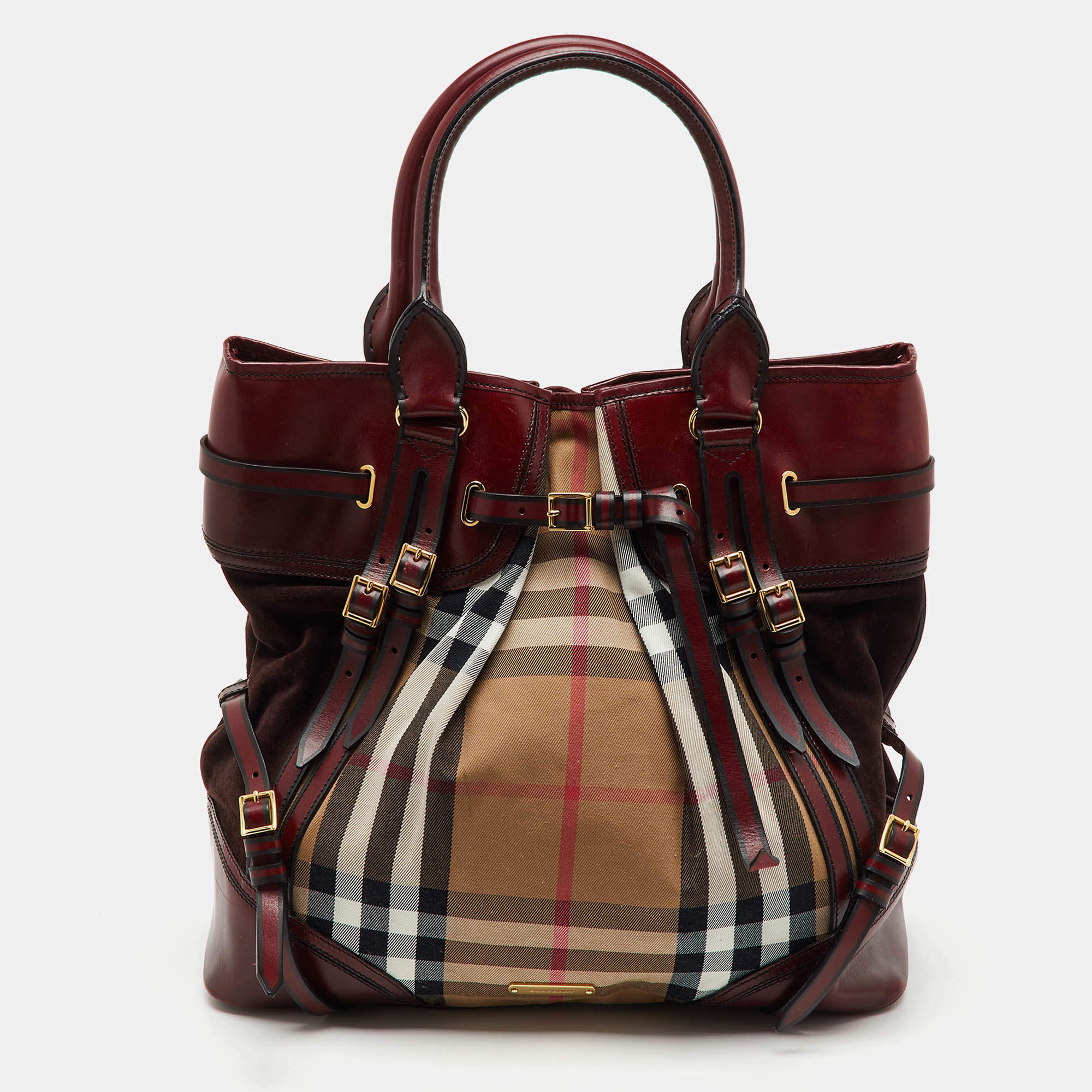 Pre Owned Burberry Beige/Burgundy House Check Canvas and Leather Bridle Whipstitch Tote