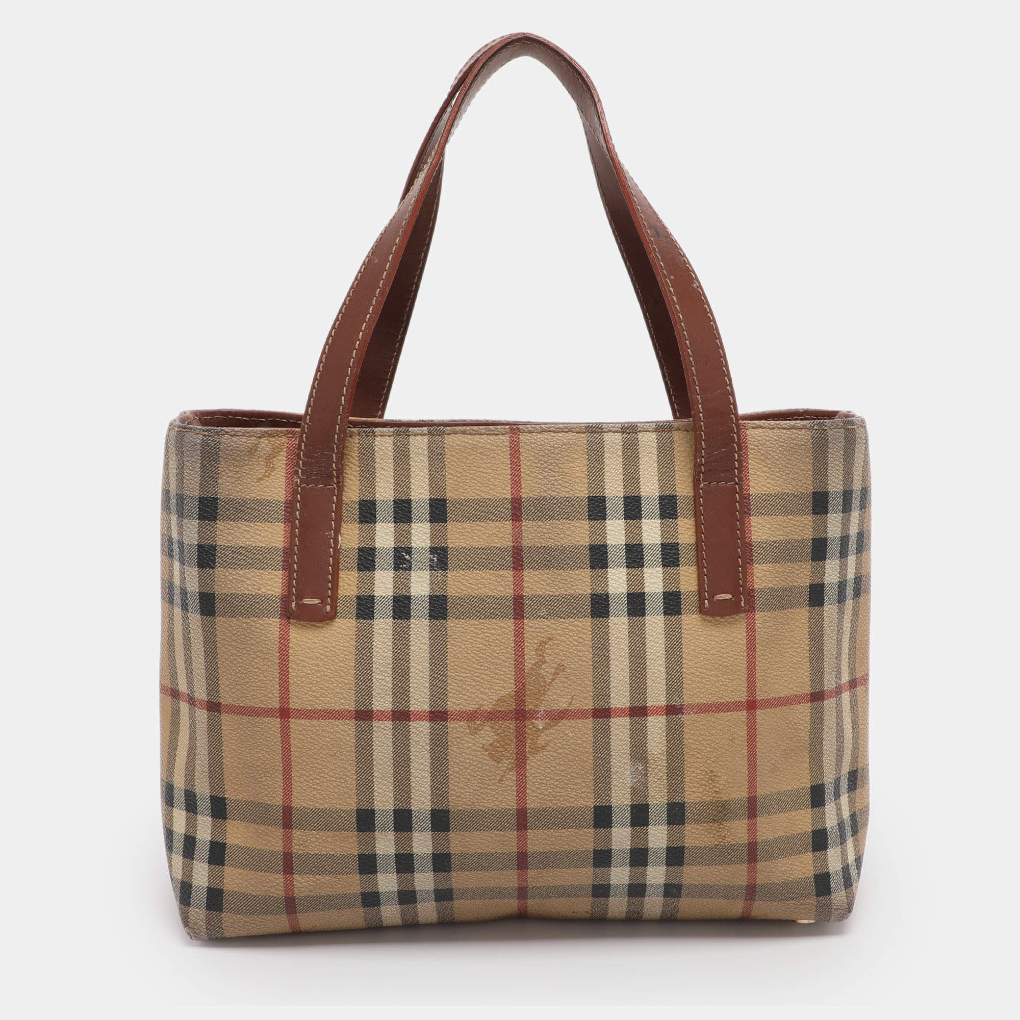 Pre Owned Burberry Brown/Beige Haymarket Check Coated Canvas Tote