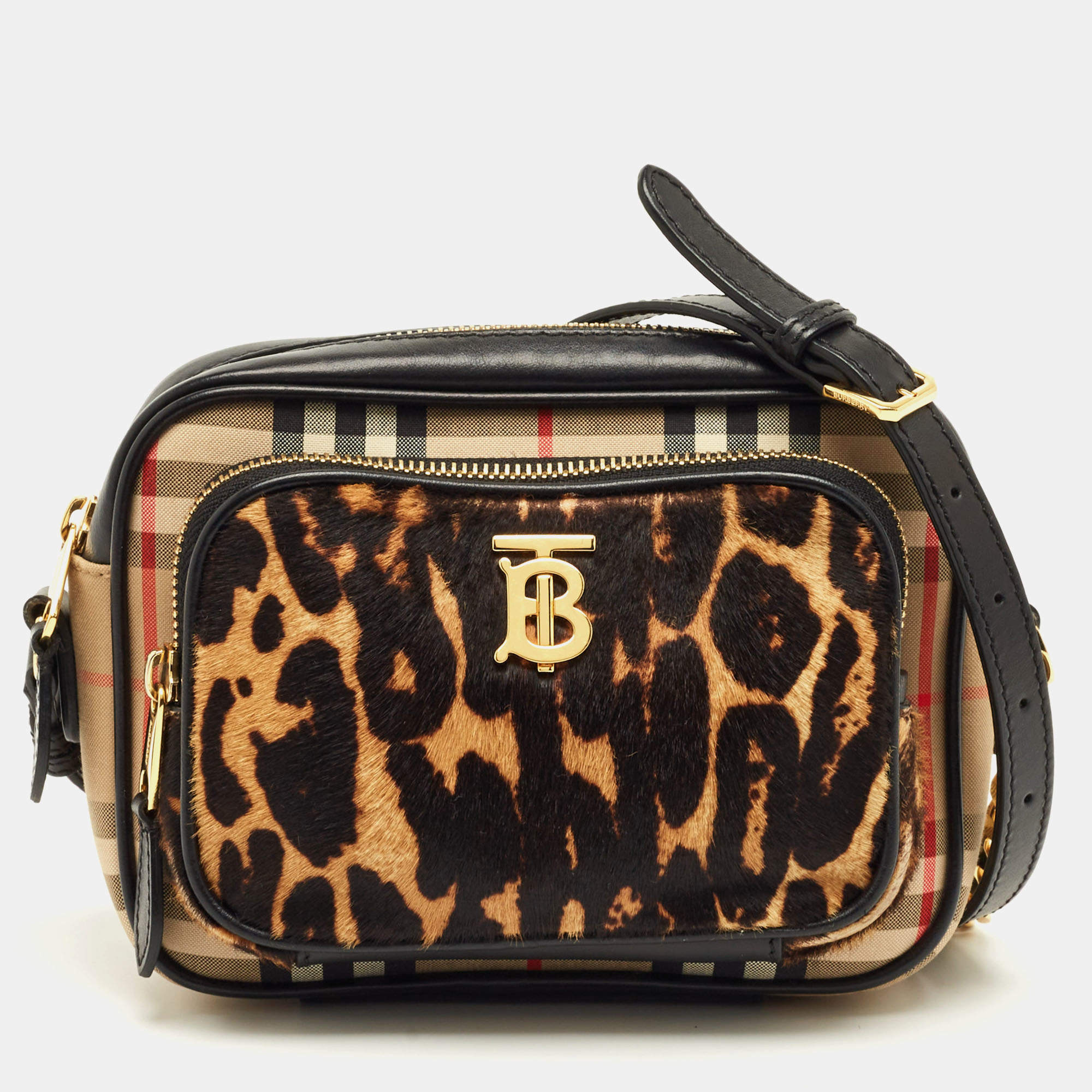 Pre Owned Burberry Brown/Black Leopard Print Calfhair and House Check Fabric TB Camera Bag