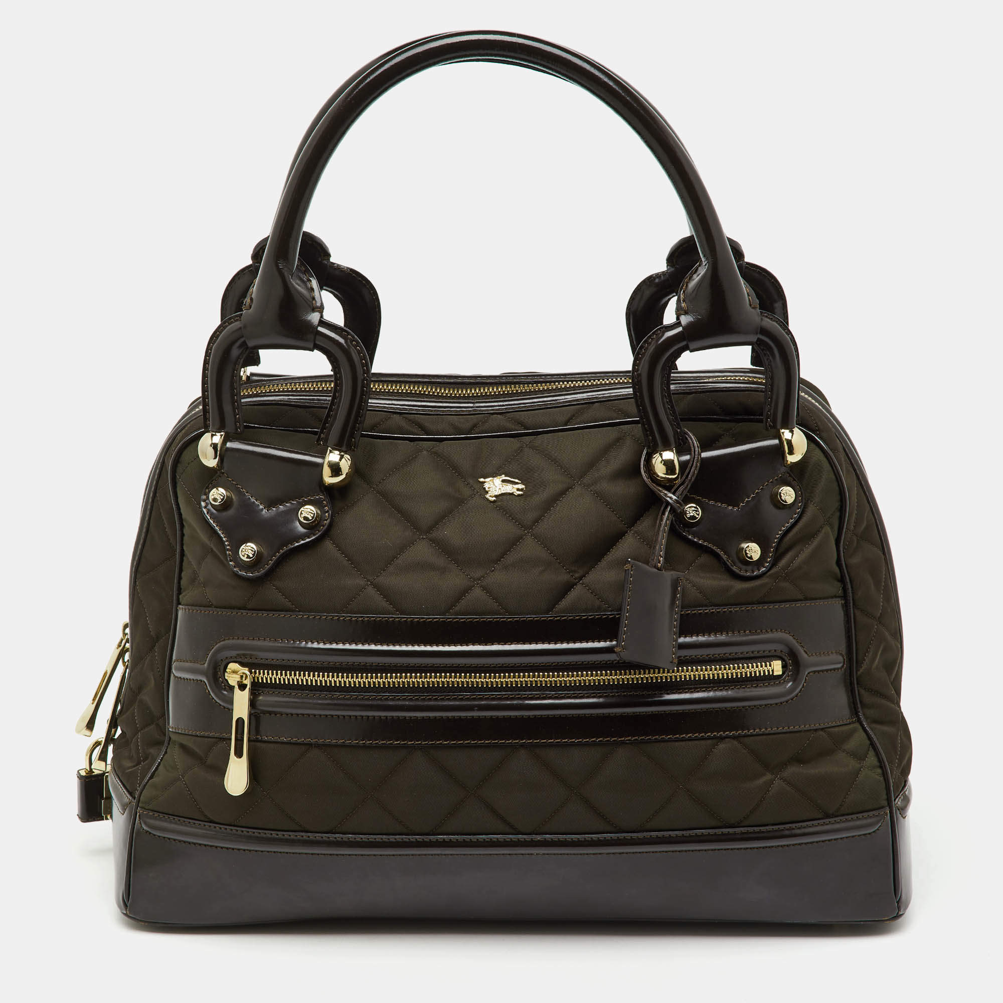 Pre Owned Burberry Dark Brown Quilted Nylon and Leather Westbury Satchel
