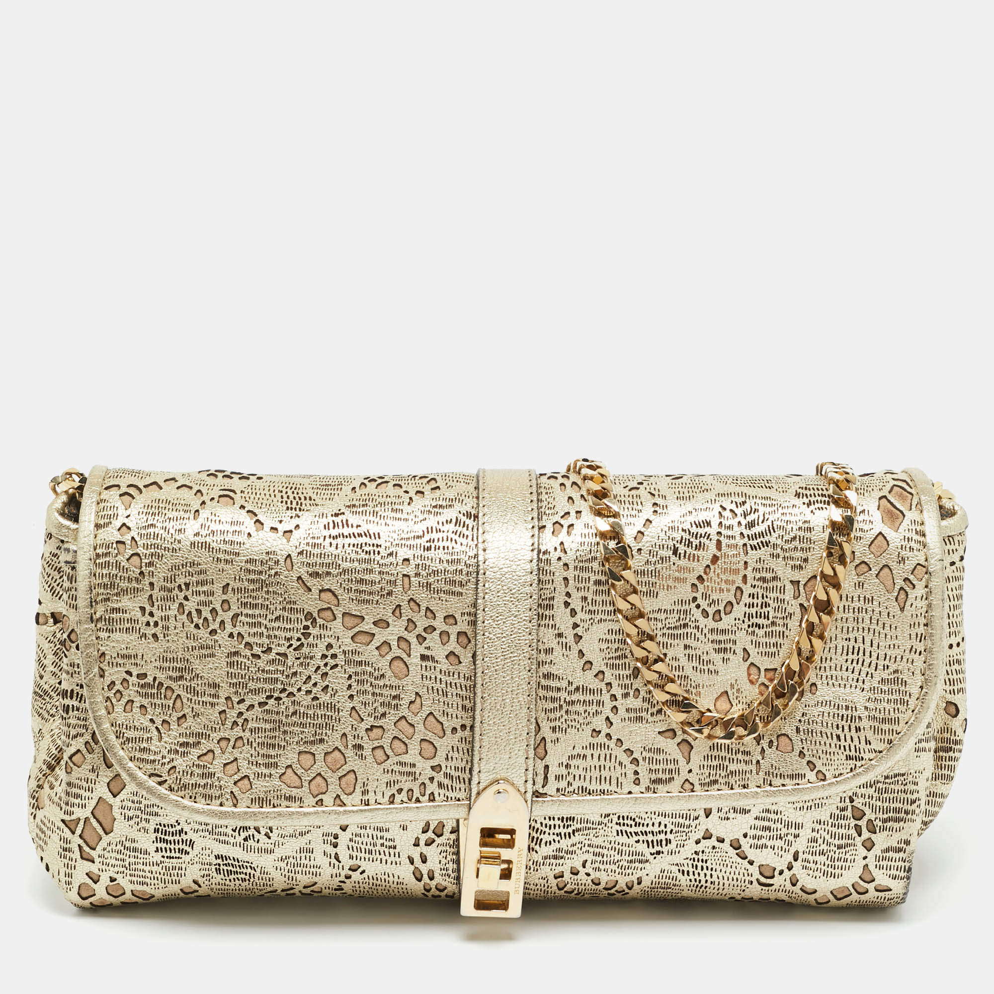 Pre Owned Burberry Gold Laser Cut Leather Theia Chain Clutch