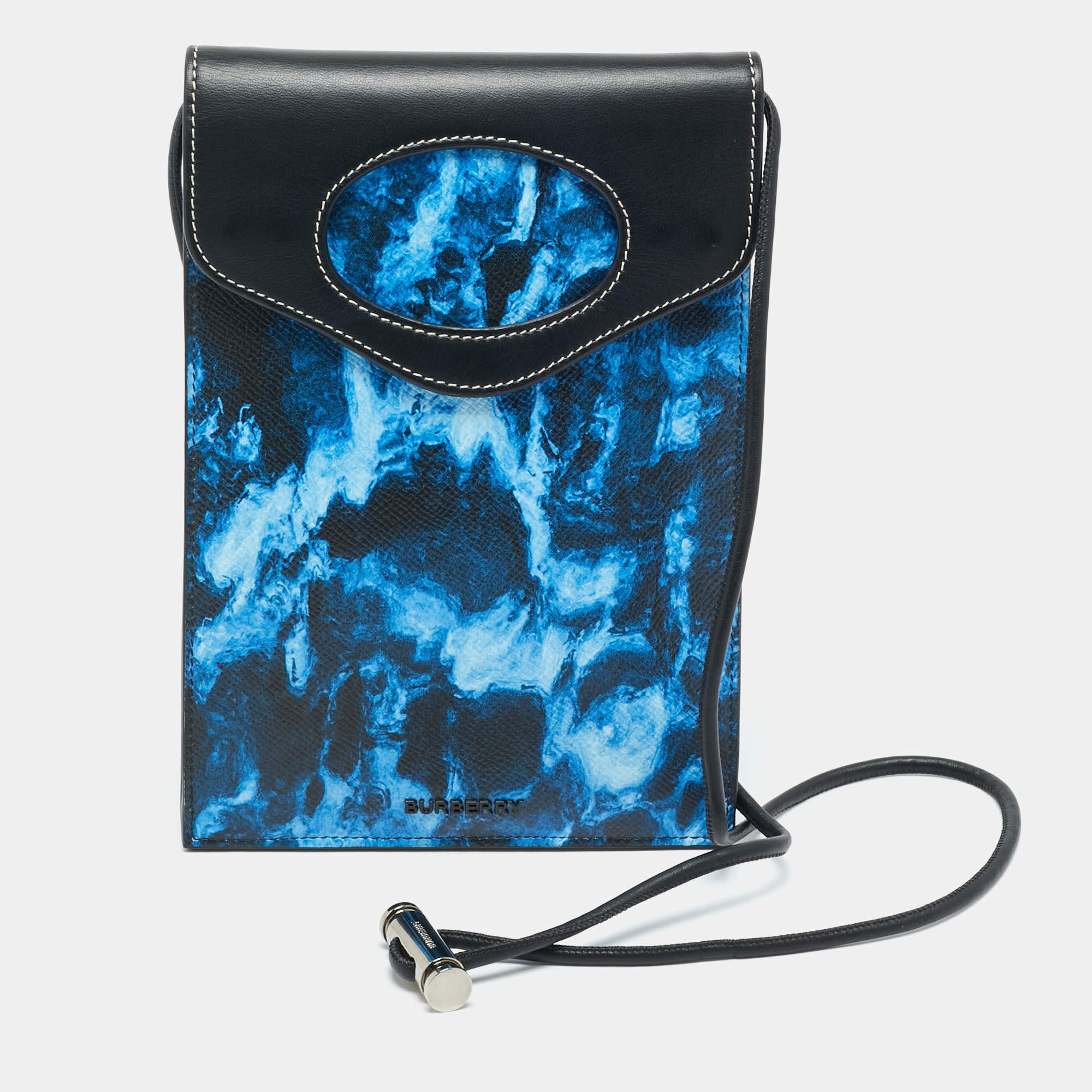 Pre Owned Burberry Blue/Black Water Camo Print Leather Pocket Phone Pouch Crossbody Bag