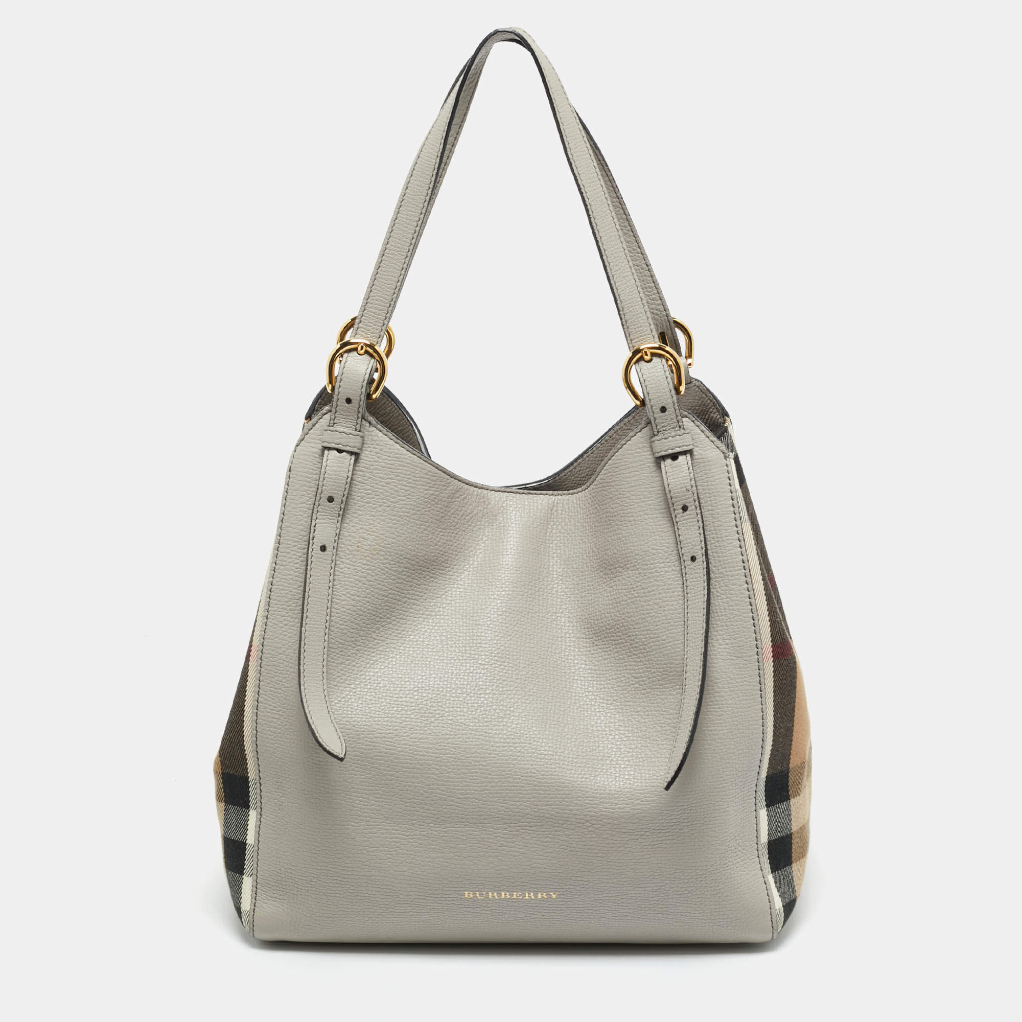 Pre Owned Burberry Grey/Beige House Check Canvas and Leather Canterbury Tote