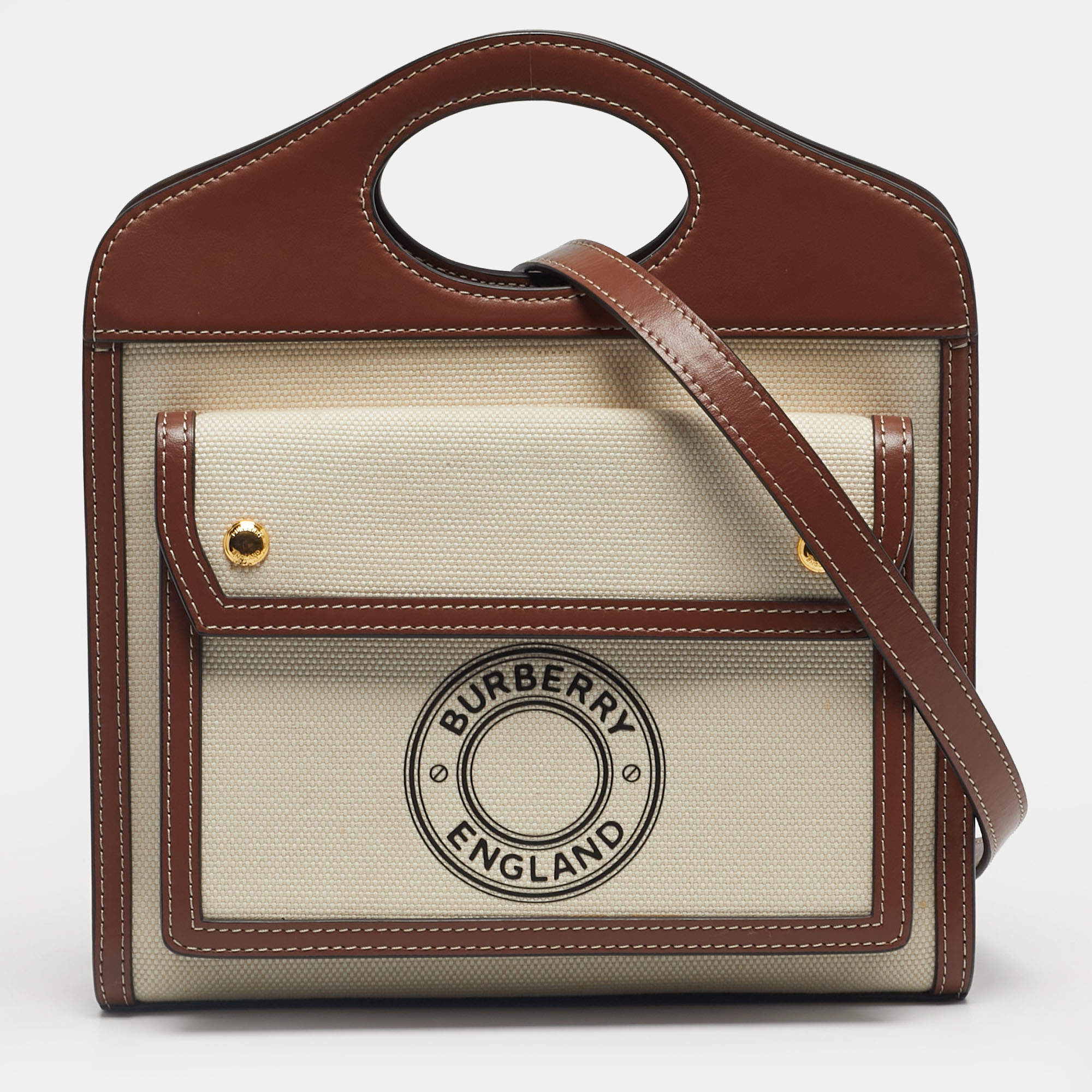 Pre Owned Burberry Brown/Cream Leather and Canvas Mini Pocket Tote