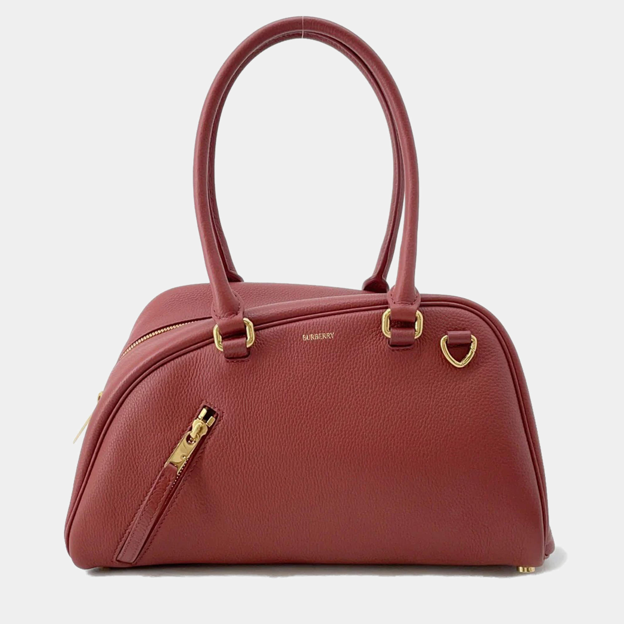 Pre Owned Burberry Shield Twin Bowling Bag Red Leather Size Small