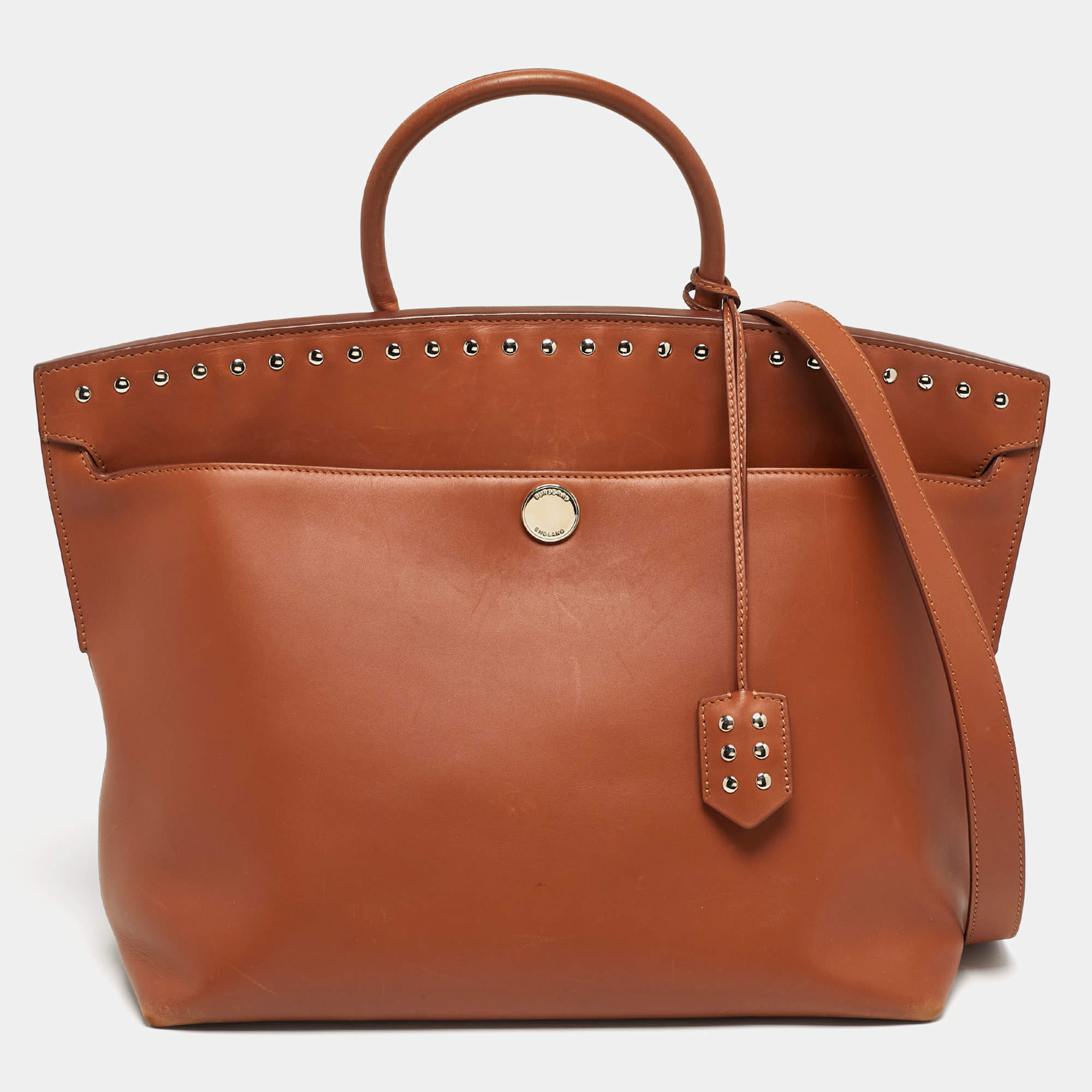 Pre Owned Burberry Brown Leather Studded Society Top Handle Bag