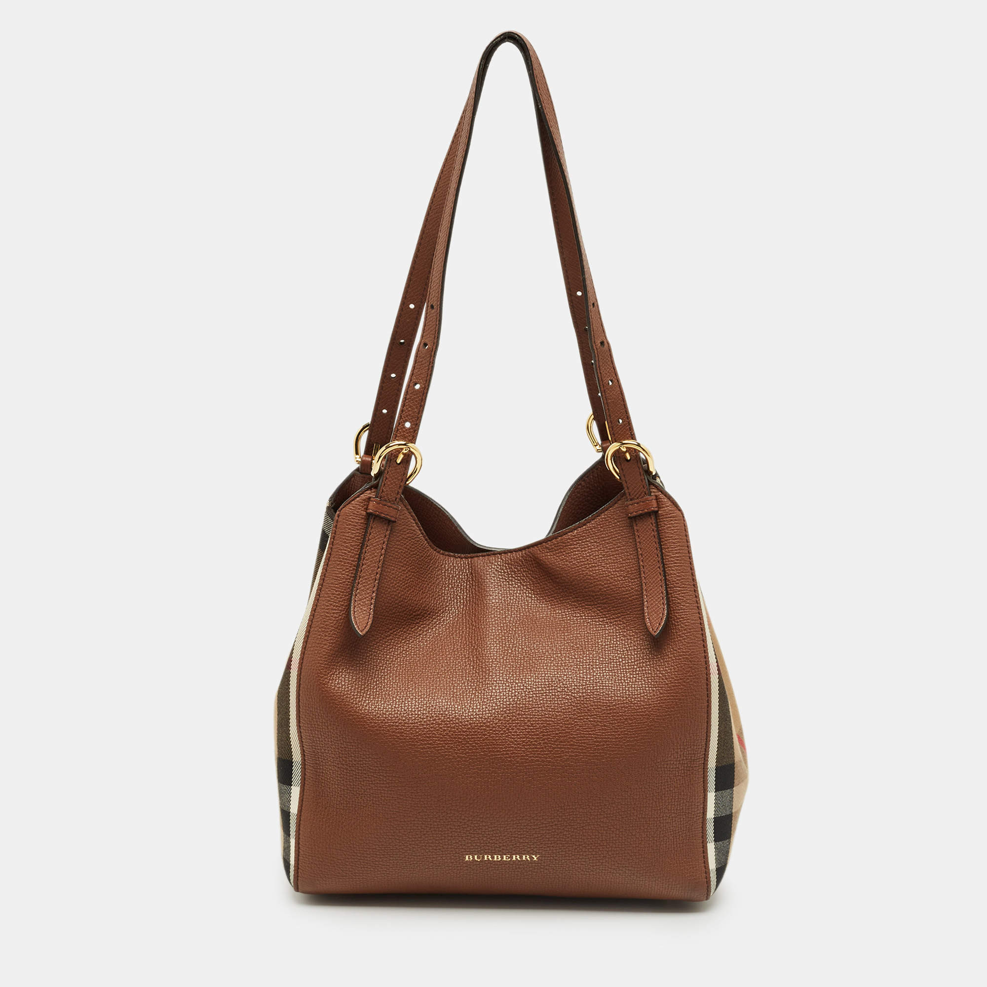 Pre Owned Burberry Brown/Beige House Check Fabric and Leather Small Canterbury Tote