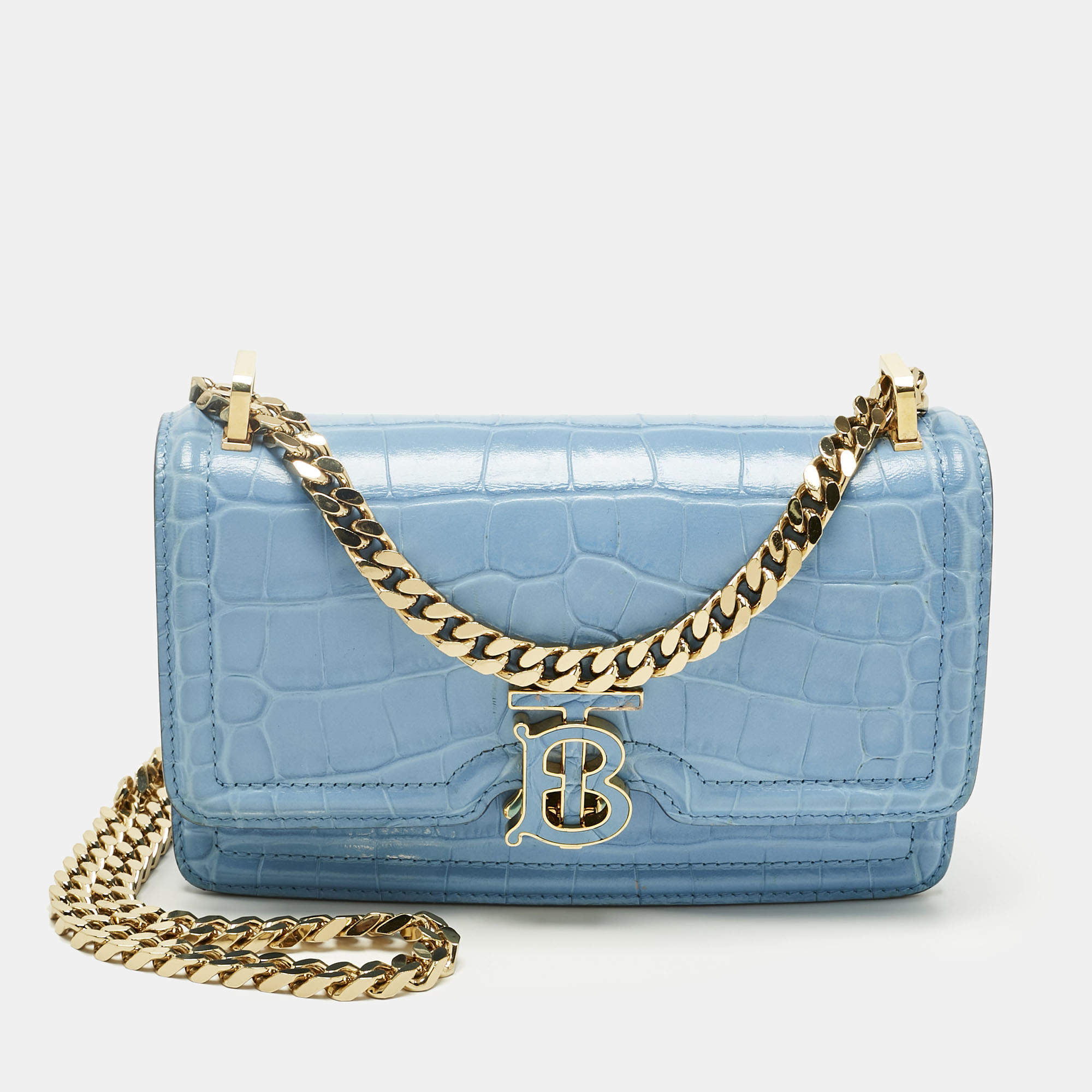 Pre Owned Burberry Light Blue Croc Embossed Leather TB Elongated Chain Bag