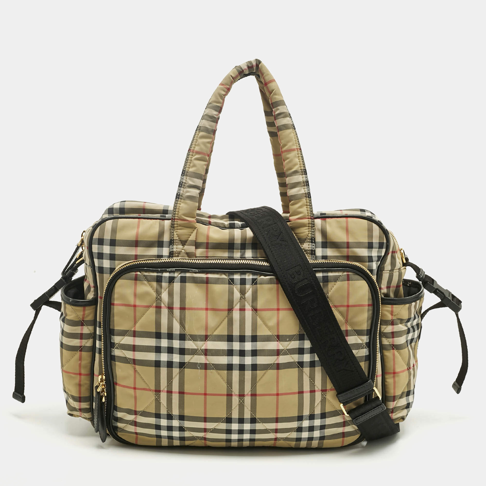 Pre Owned Burberry Beige Archive Check Nylon Changing Bag