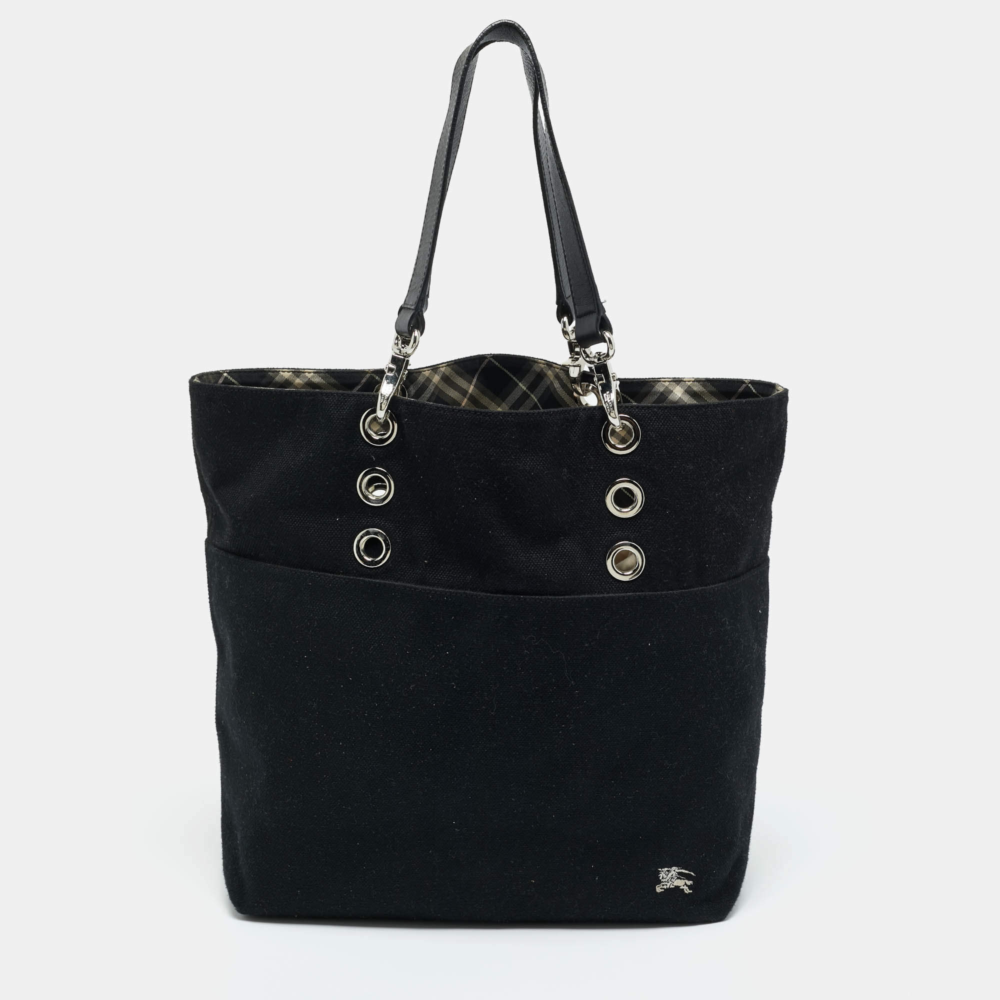 Pre Owned Burberry Black Canvas and Leather Eyelet Tote