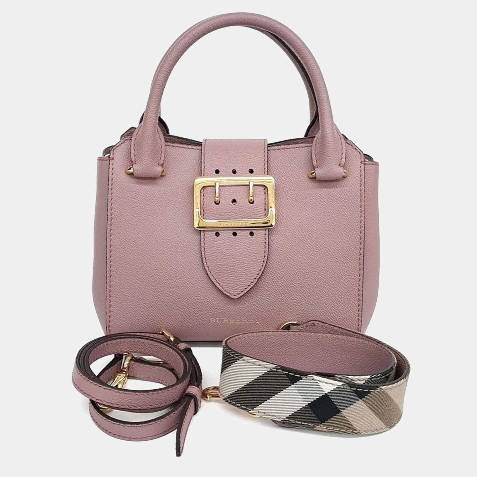 Pre Owned Burberry Pink Leather Grainy Buckle Bag Small