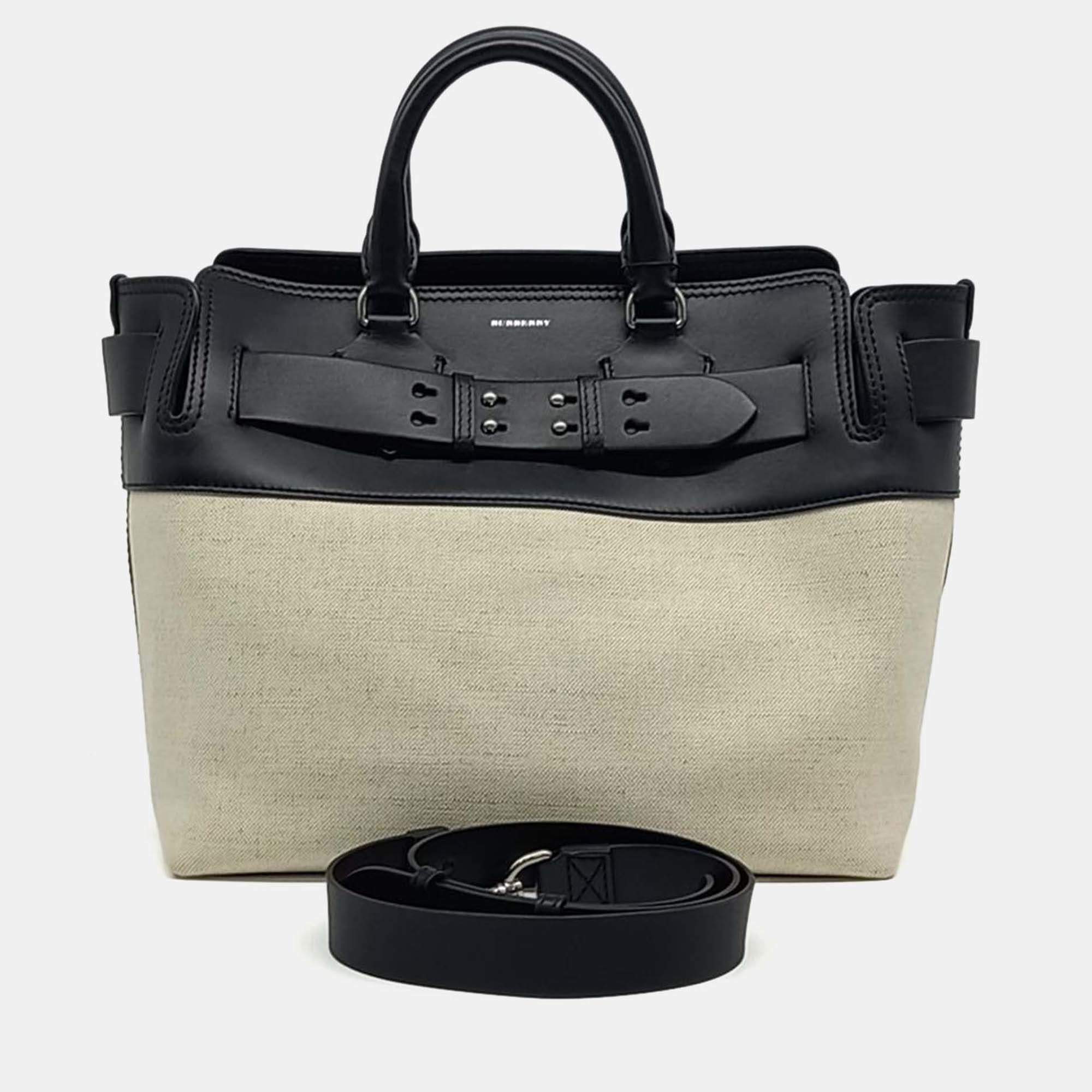 Pre Owned Burberry Beige Black Canvas and Leather Canvas Belt Bag Medium