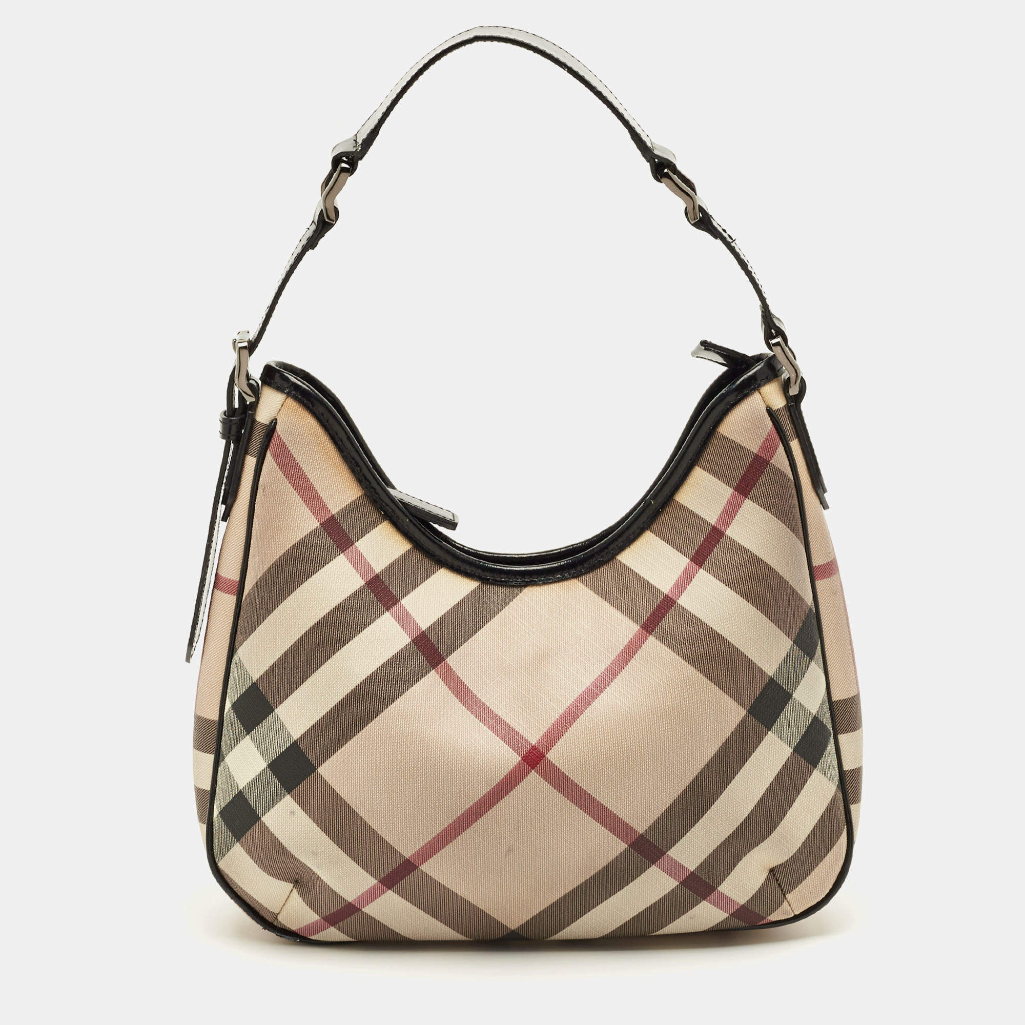Pre Owned Burberry Beige/Black Nova Check PVC and Patent Leather Small Barton Hobo