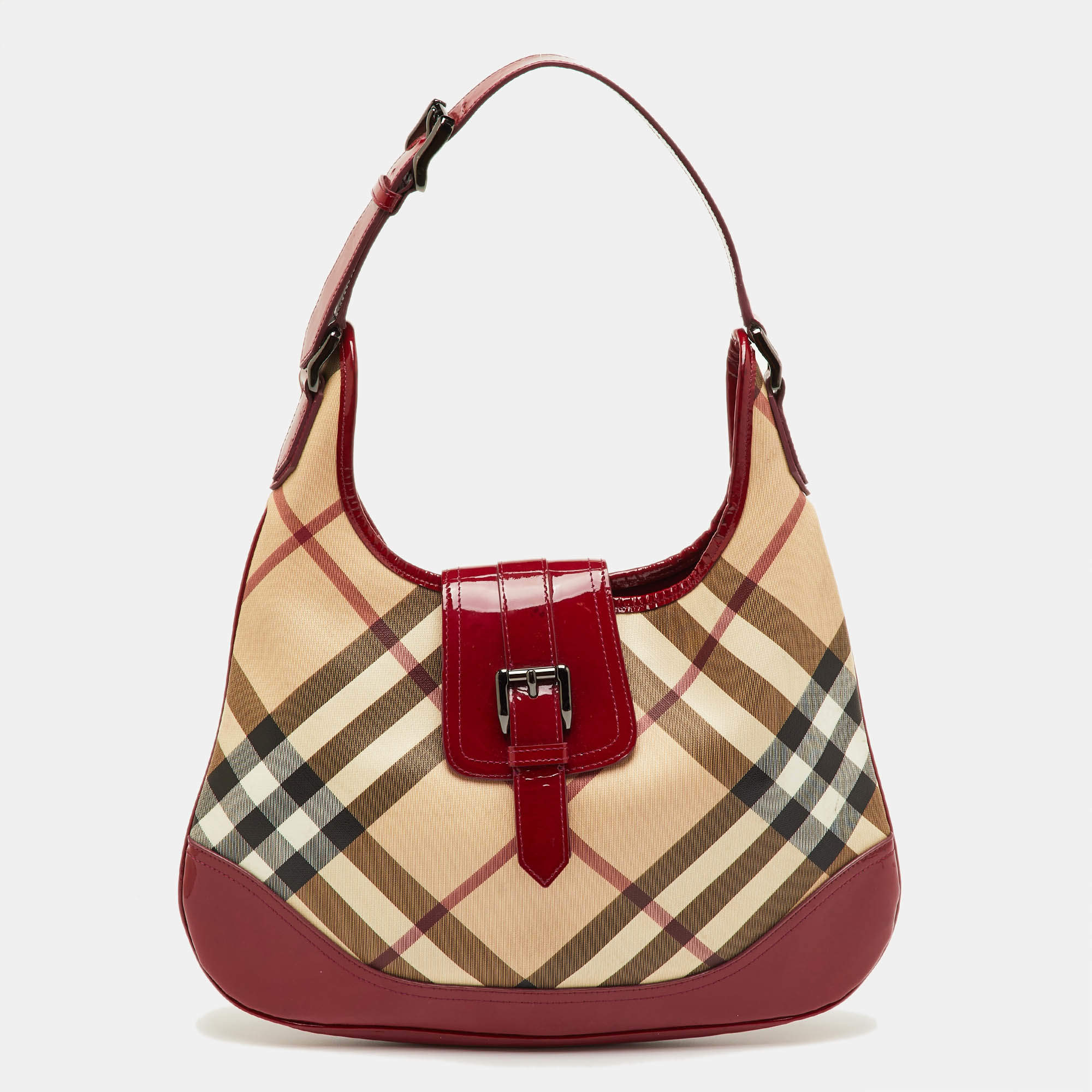 Pre Owned حقيبة هوبو بربري بروك جلد ببراءات عاجي/بورغندي كارو نوفا PVC