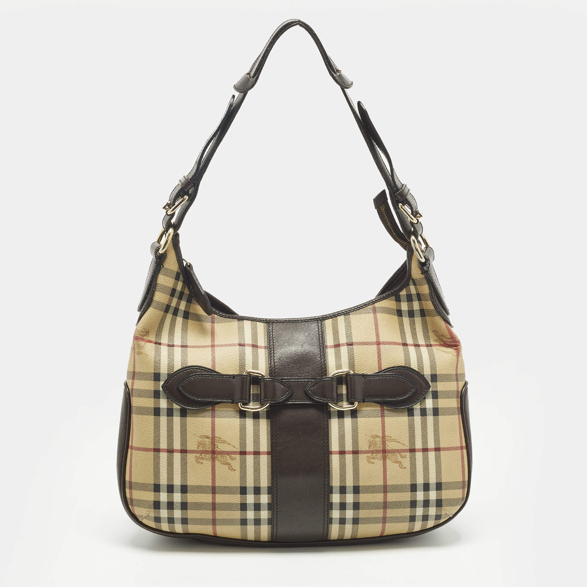Pre Owned Burberry Dark Brown/Beige Haymarket Coated Canvas and Leather Hobo