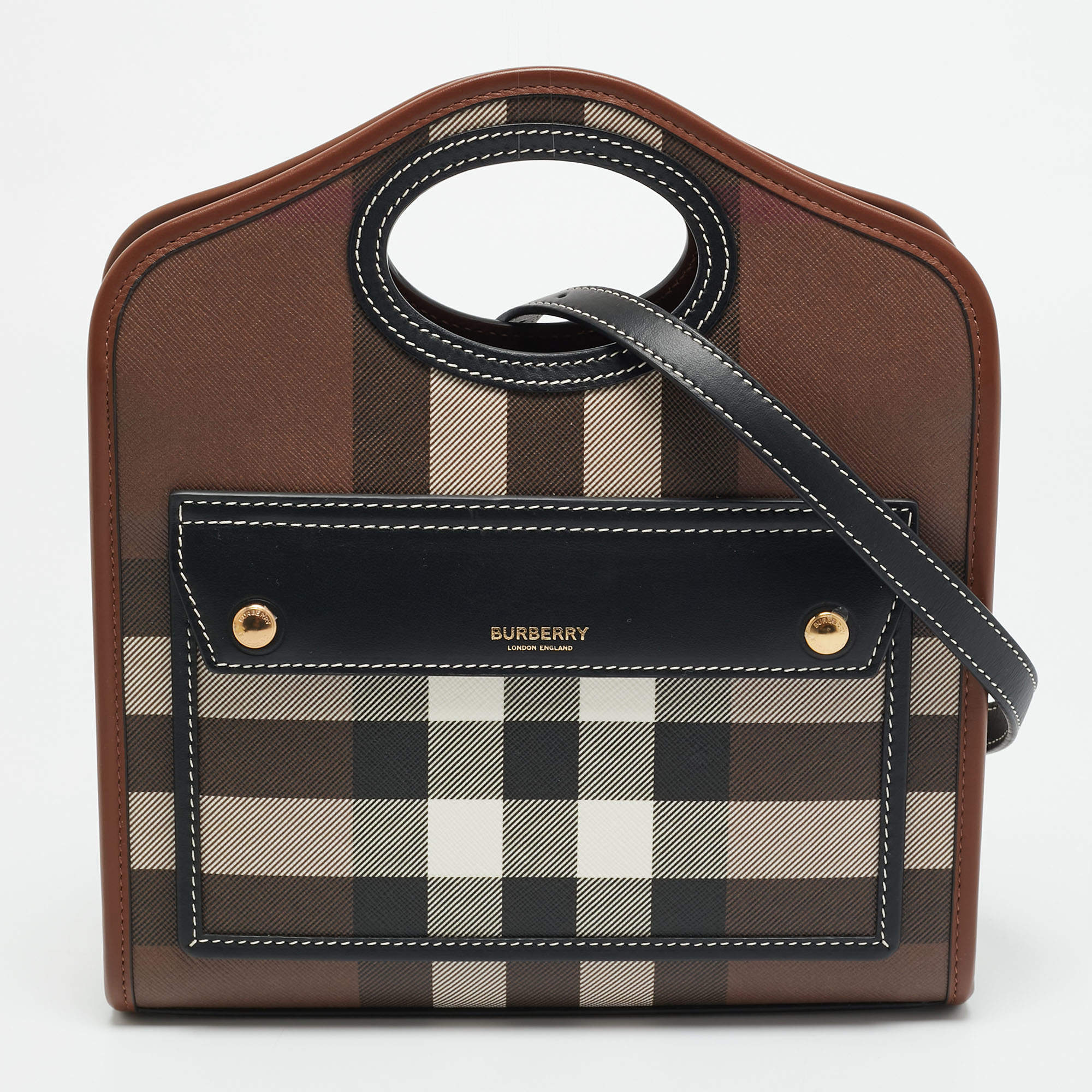 Pre Owned Burberry Pocket Mini Black/Brown Knitted Check Coated Canvas and Leather Bag