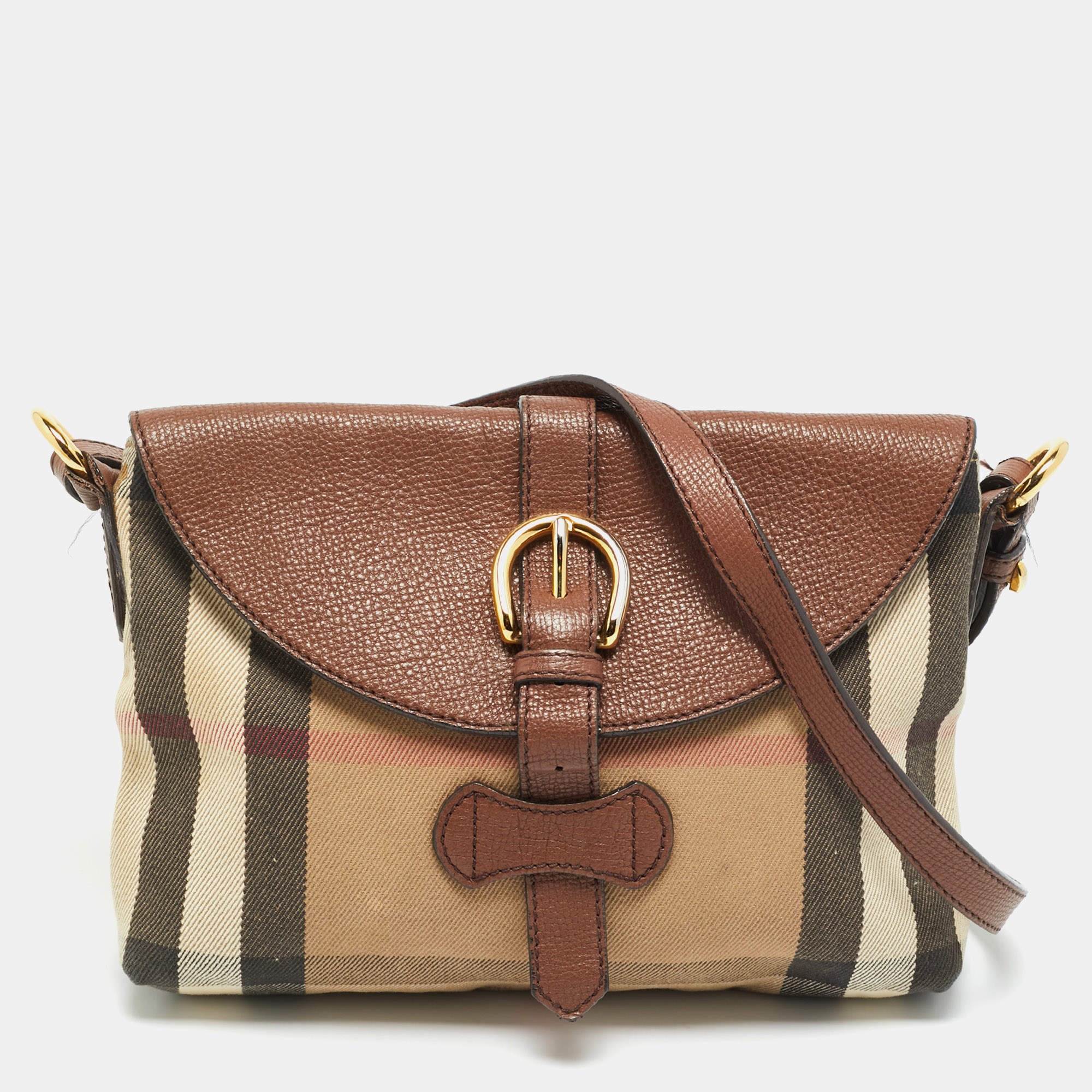 مملوكة مسبقًا Burberry Horseshoe Milton Beige/Brown House Check Canvas and Leather Crossbody Bag
