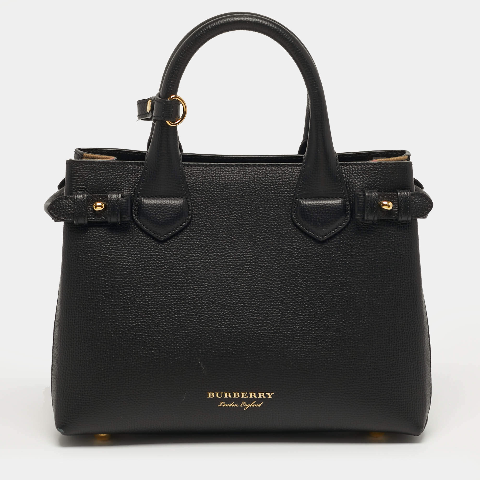 Pre Owned حقيبة يد توتس بربري بانر قماش كاروهاس هاوس وجلد أسود/بيج صغيرة