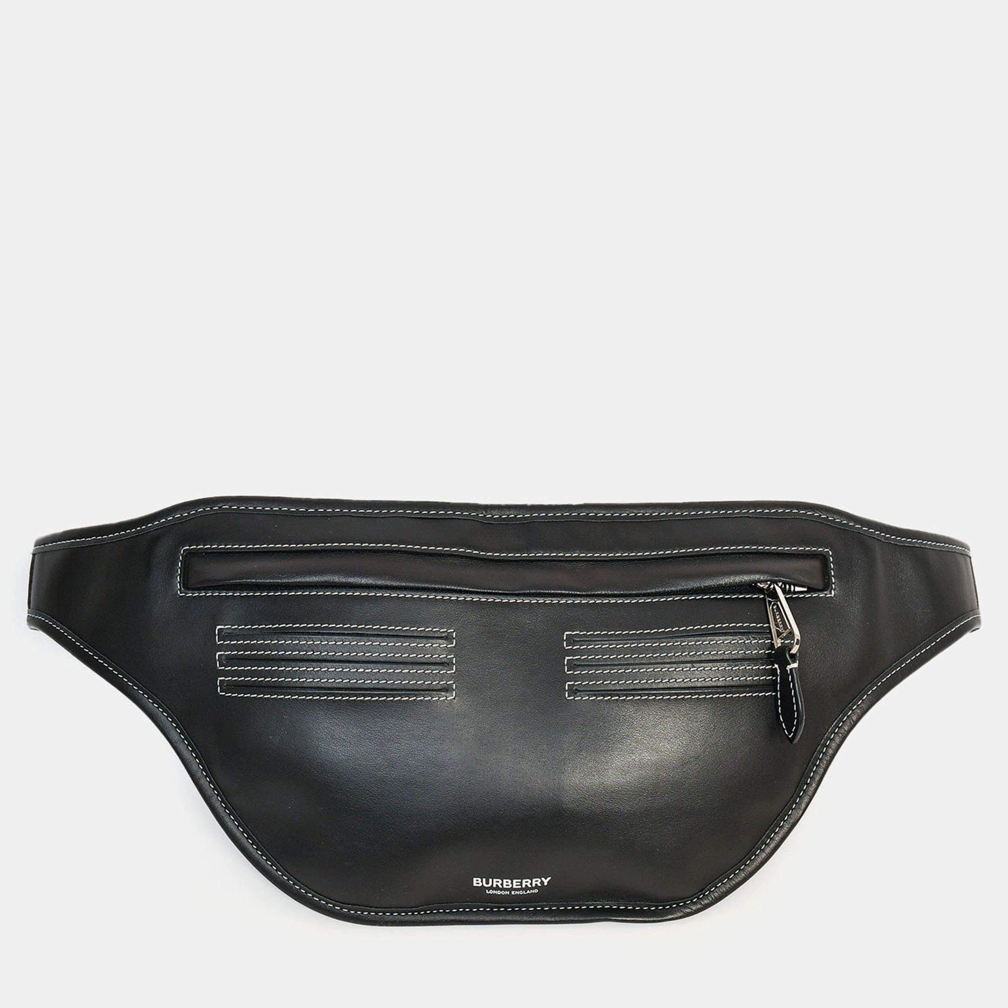 مملوكة مسبقًا حقيبة حزام بربري جلد أسود بغرز متباينة بيضاء 'بروميل'