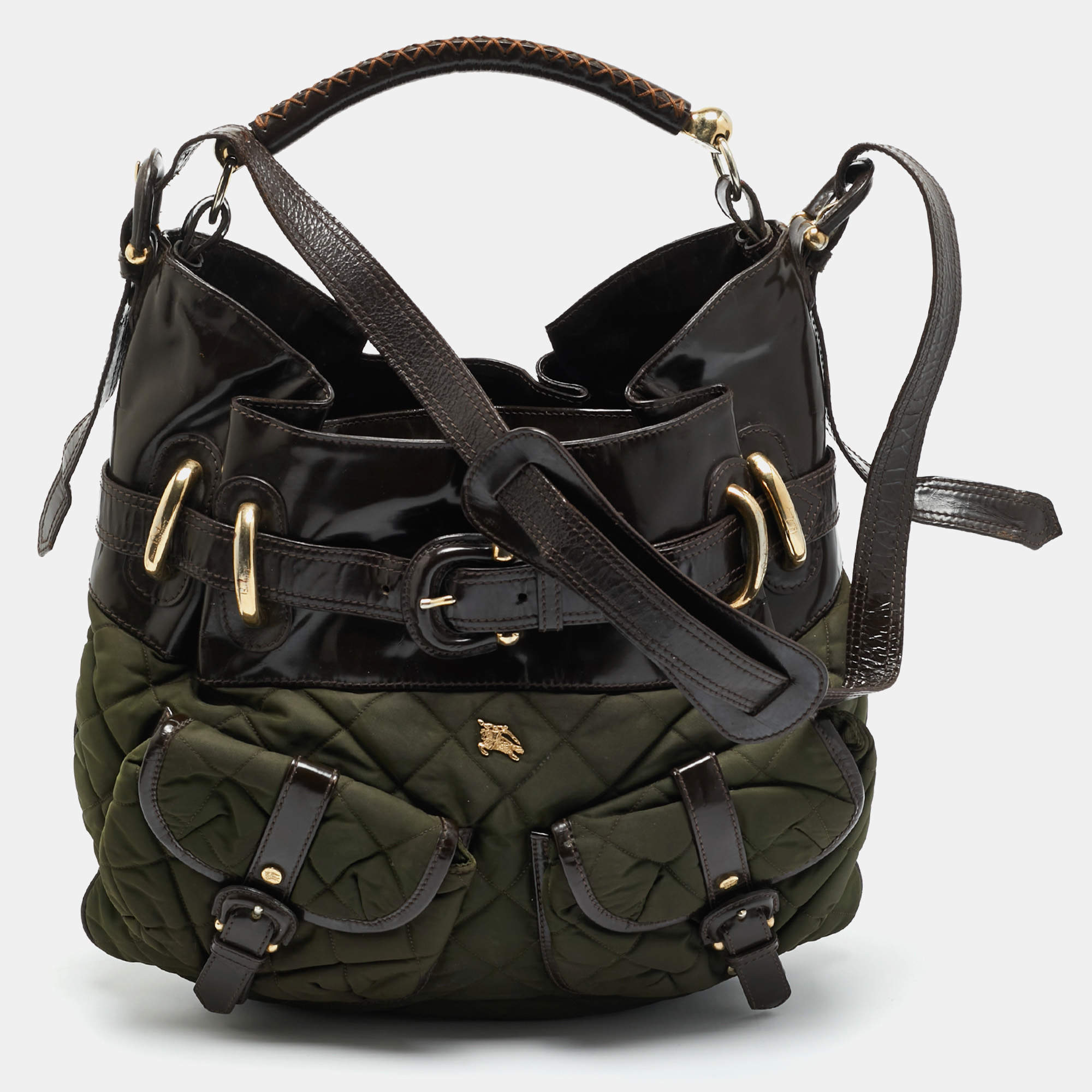 Pre Owned Burberry Bromley Brown/Khaki Quilted Nylon and Patent Leather Hobo