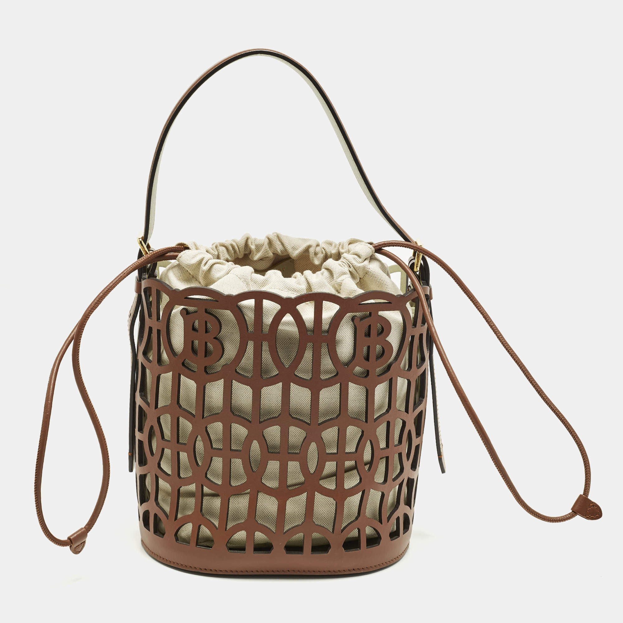 Pre Owned Burberry Brown Laser Cut Leather Bucket Bag