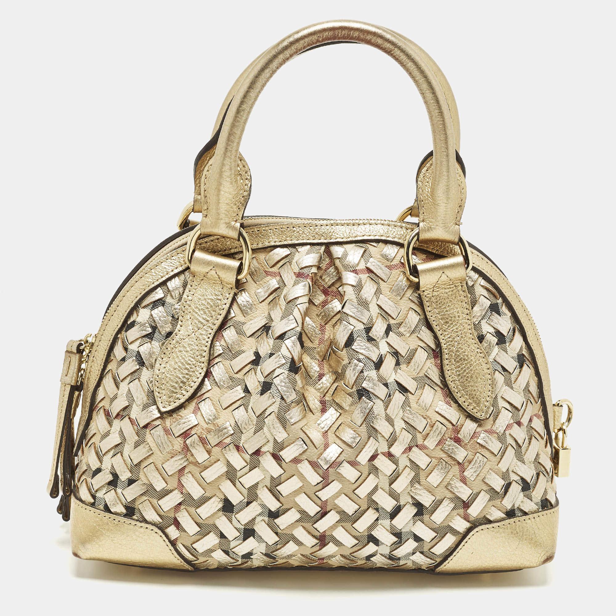 مملوكة مسبقًا Burberry Thornley Small Gold Woven Haymarket Check PVC and Leather Satchel