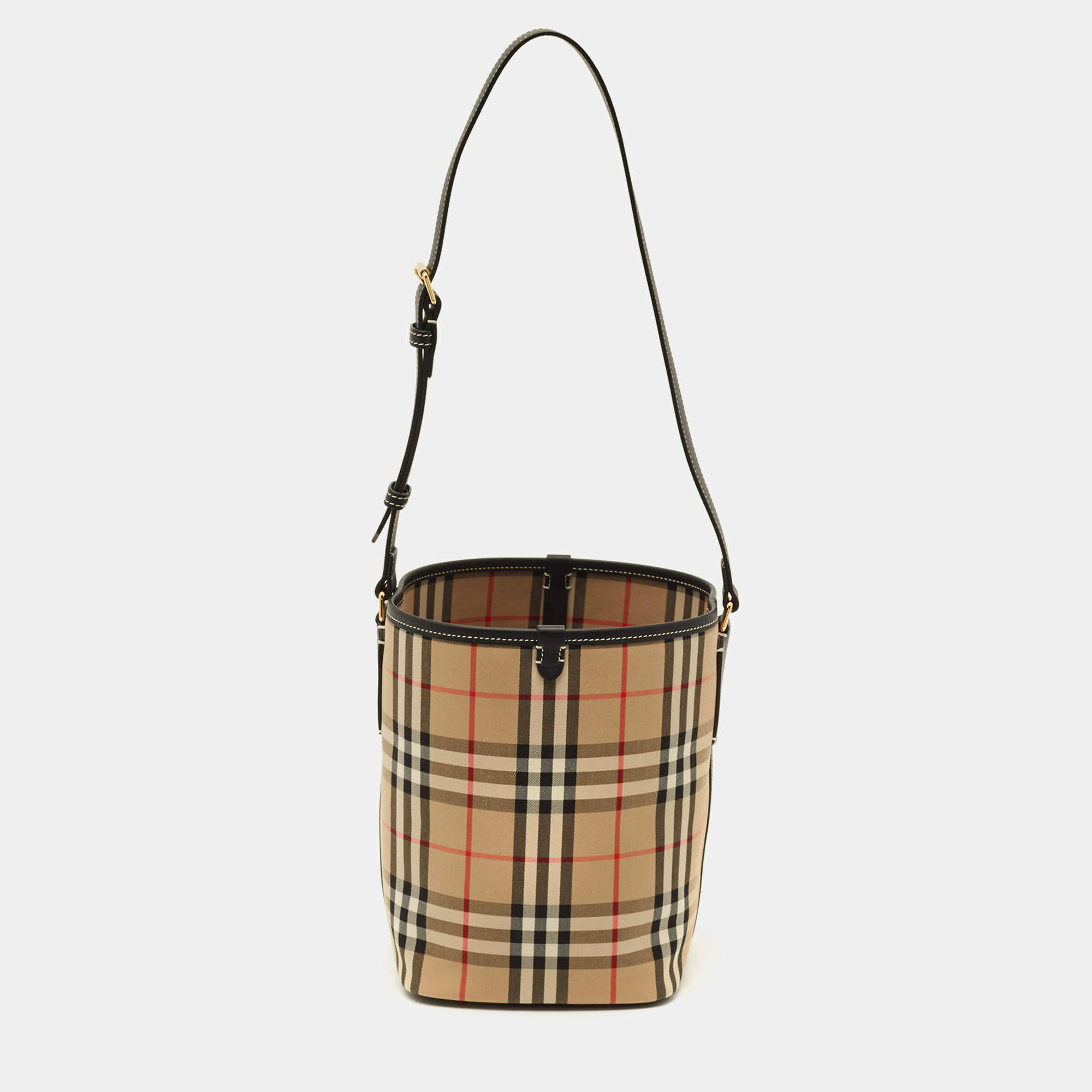 Pre Owned Burberry Ashby Archive Beige Check Fabric and Leather Bucket Bag