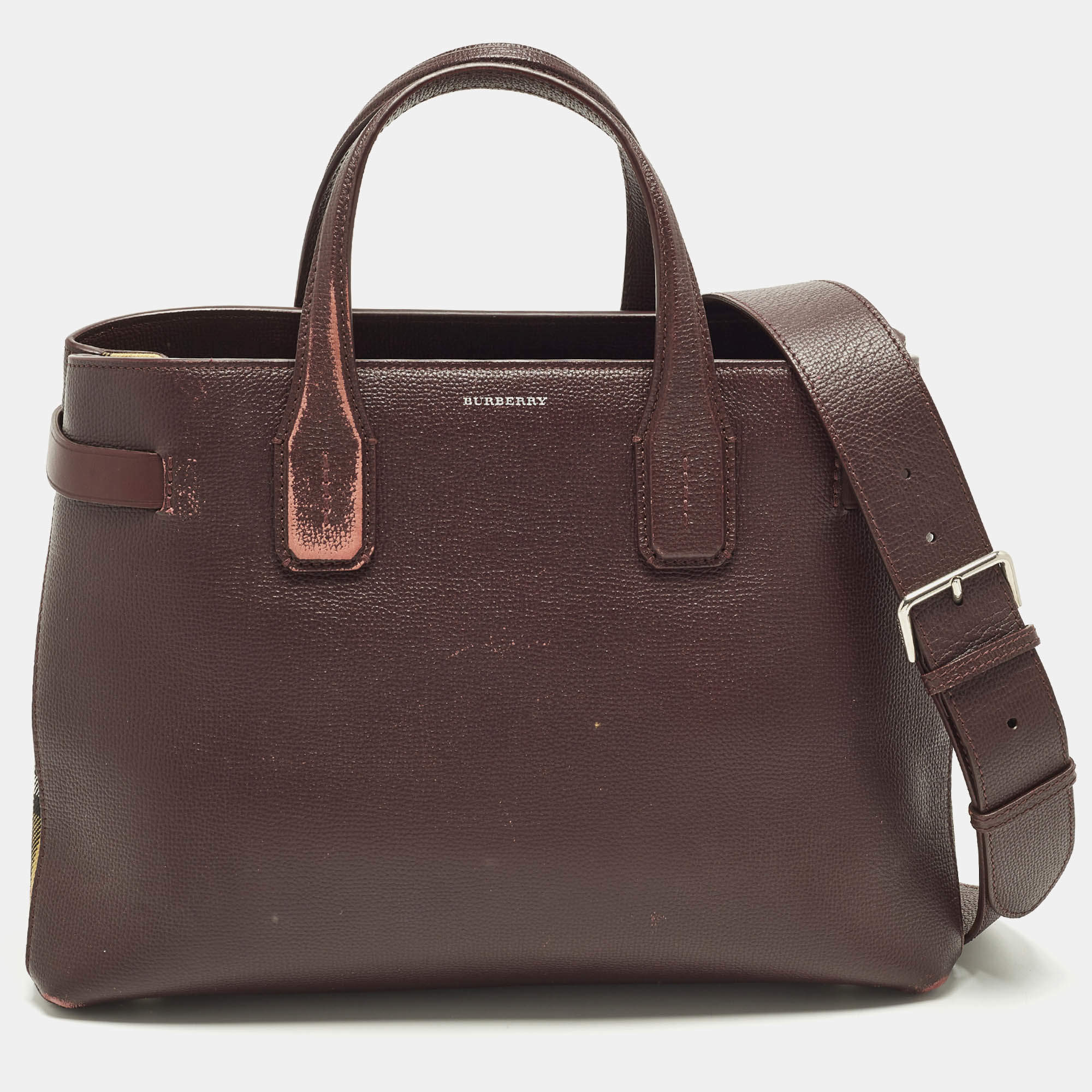 مملوكة مسبقًا Burberry Banner Medium Burgundy/Beige Leather and House Check Fabric Tote