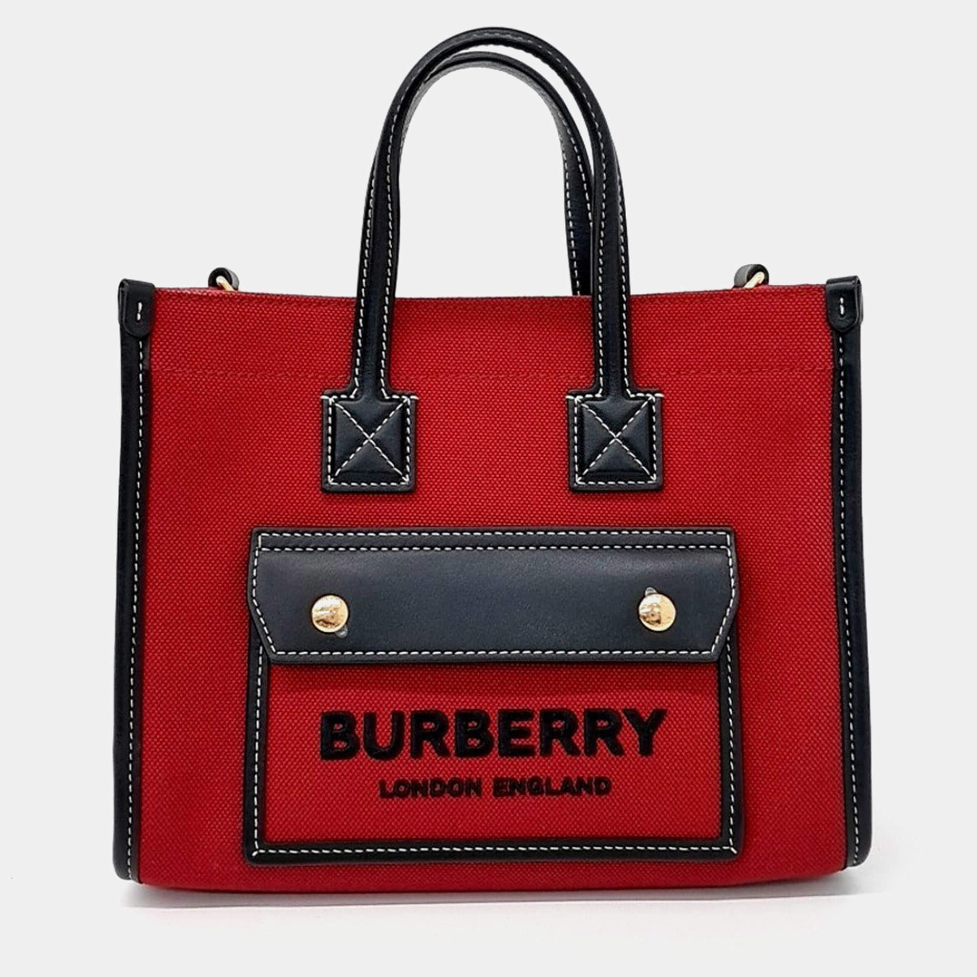 Pre Owned Burberry Red Fabric Freya Mini Tote Bag