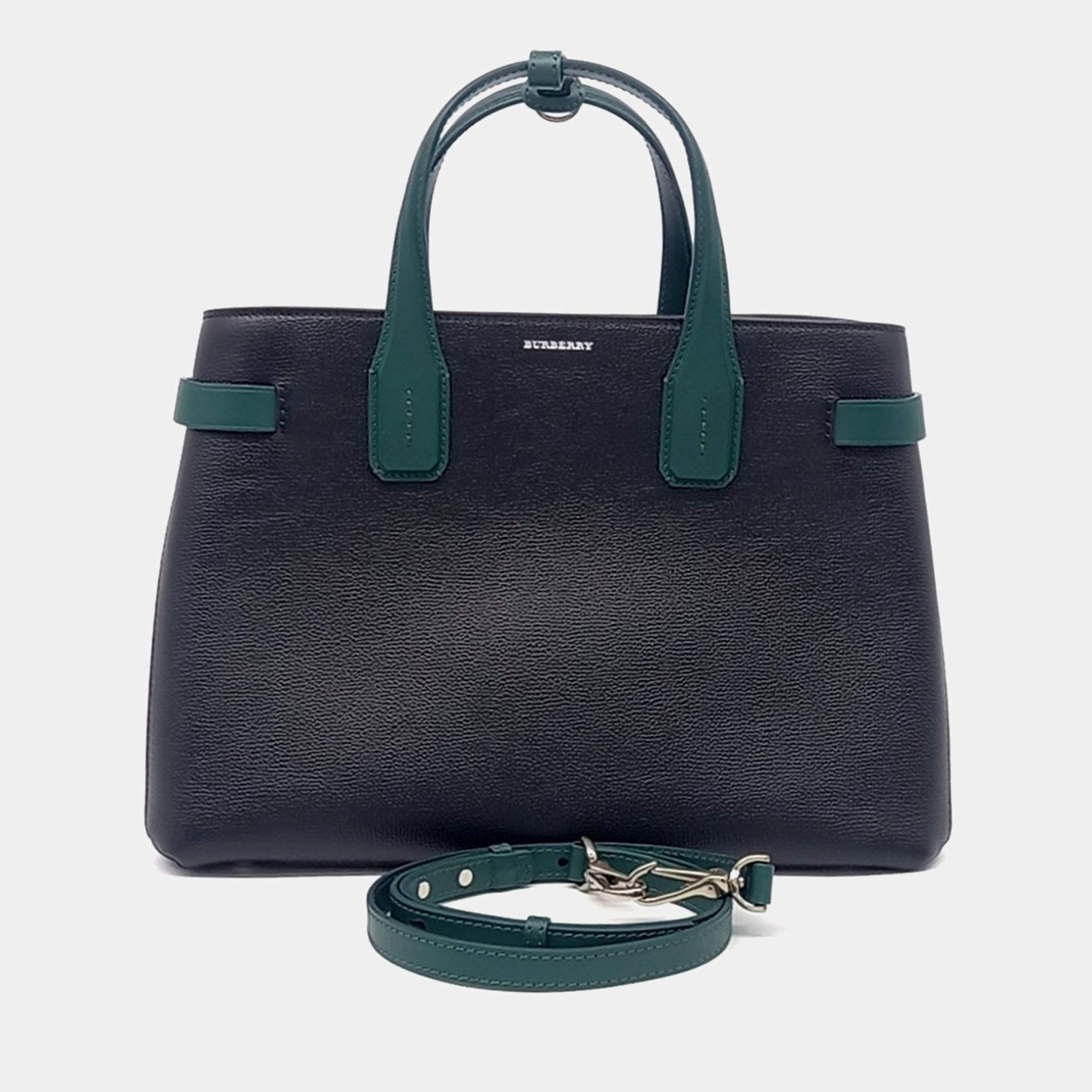 Pre Owned Burberry Black, Green Leather Banner Bag Medium