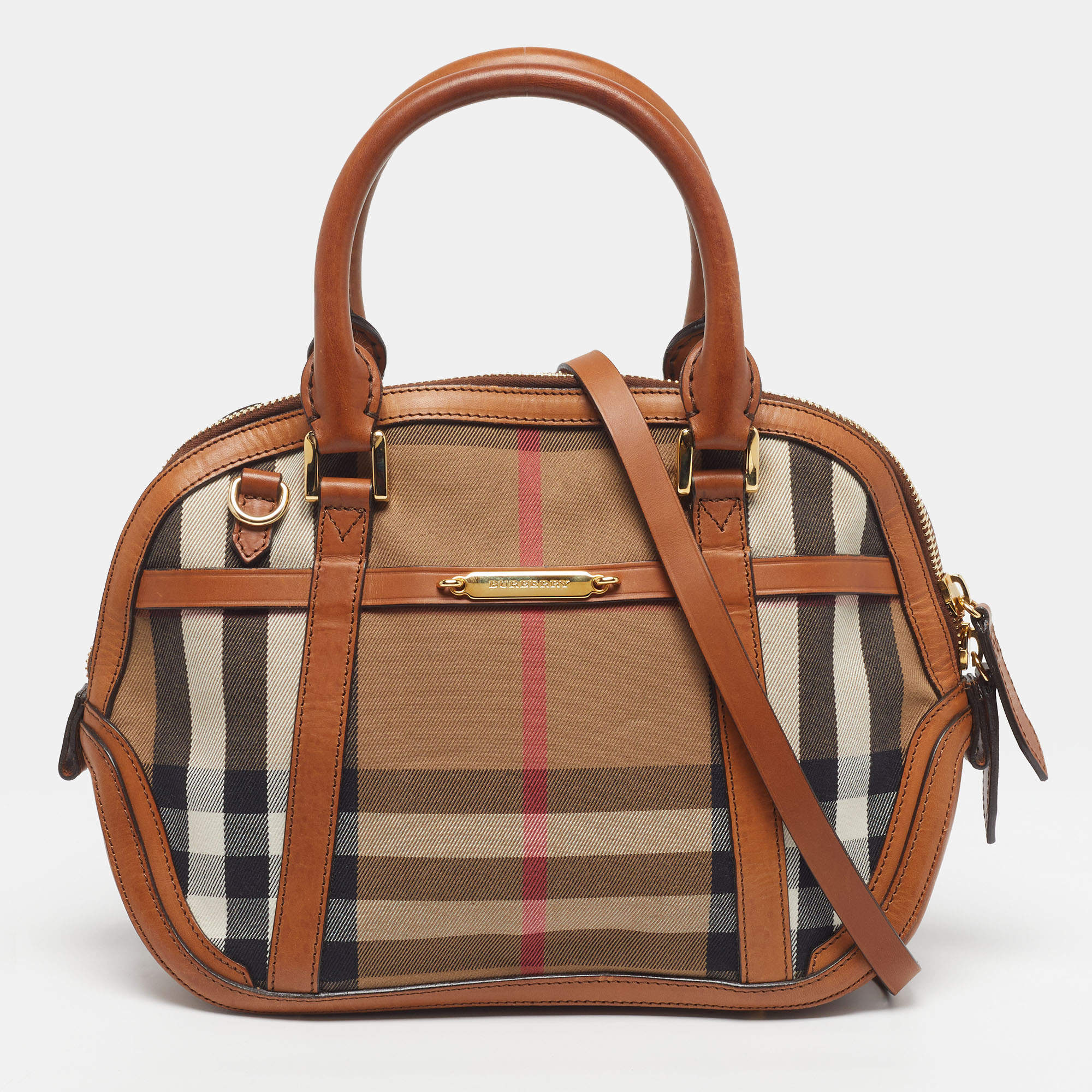 Pre Owned Burberry Orchard Tan/Beige House Check Fabric and Leather Bowler Bag