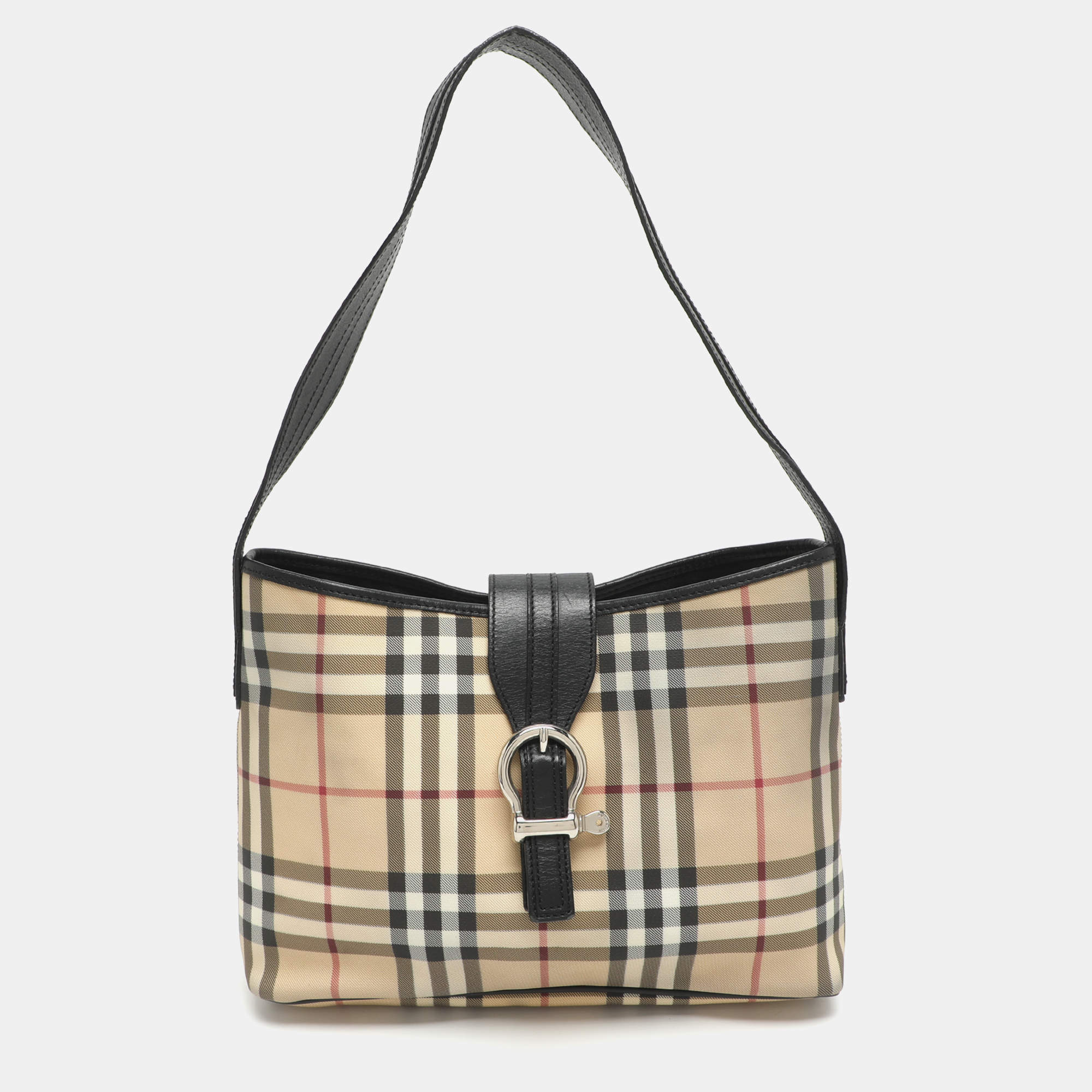 Pre Owned Burberry Beige/Black Leather and House Checked PVC Shoulder Bag