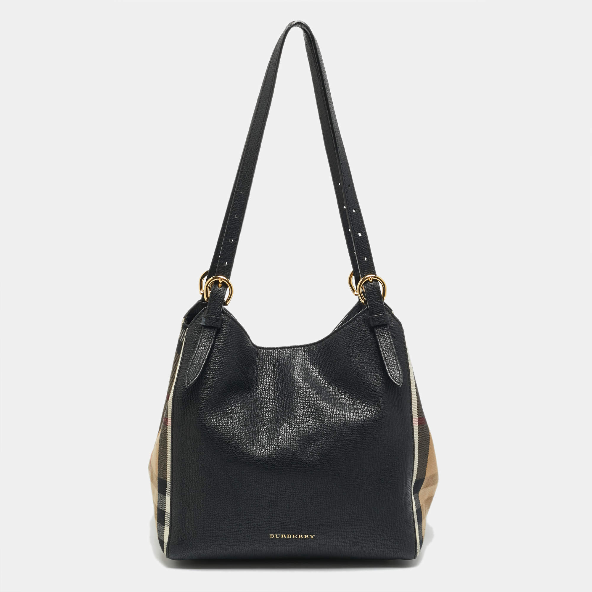 Pre Owned Burberry Canterbury Small Black/Beige House Check Fabric and Leather Tote