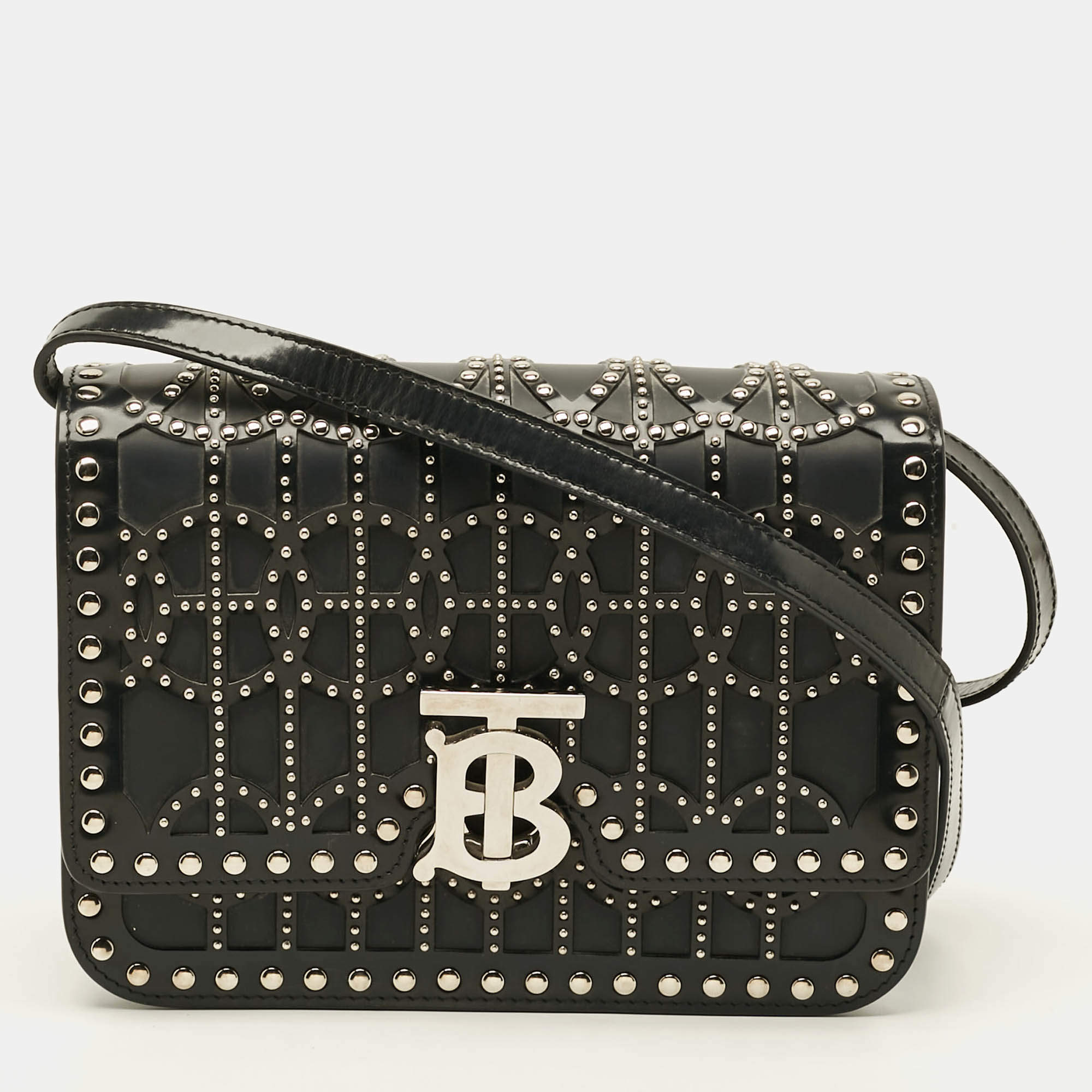 Pre Owned Burberry TB Studded Ramadan Exclusive Small Black Leather Shoulder Bag