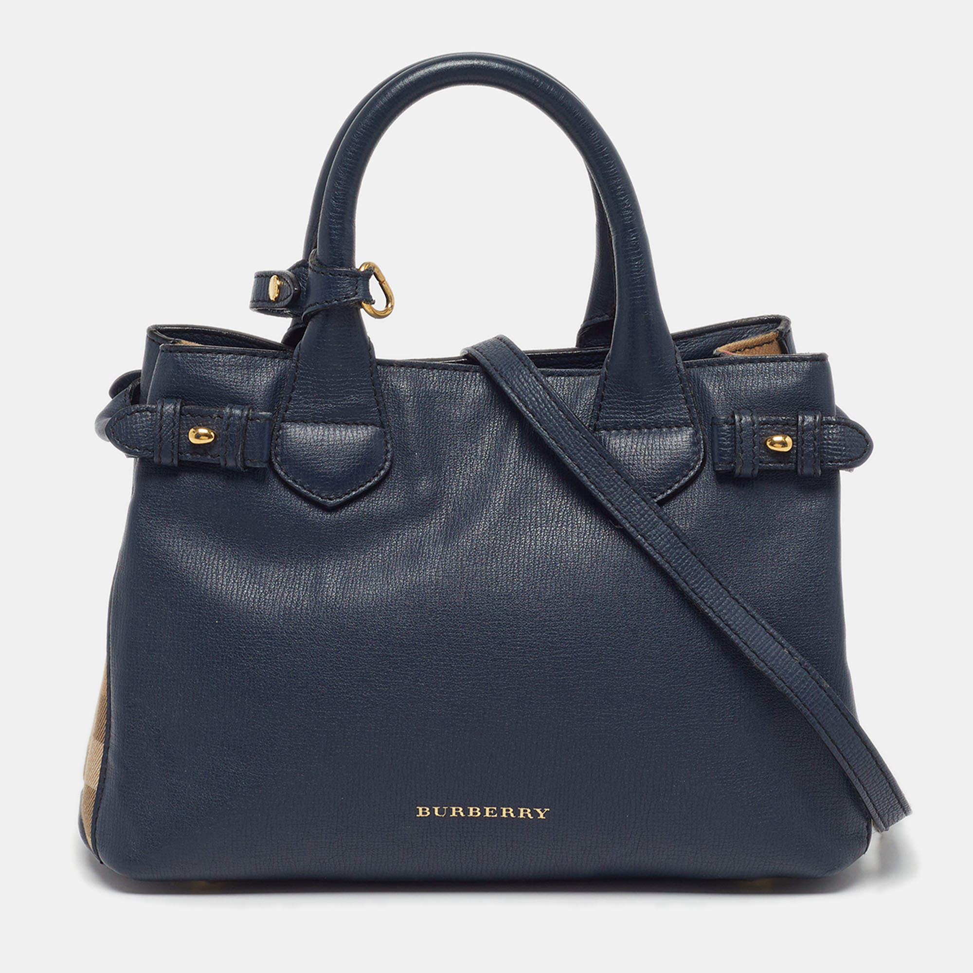 Pre Owned Burberry Banner Small Navy Blue/Beige House Check Fabric and Leather Tote