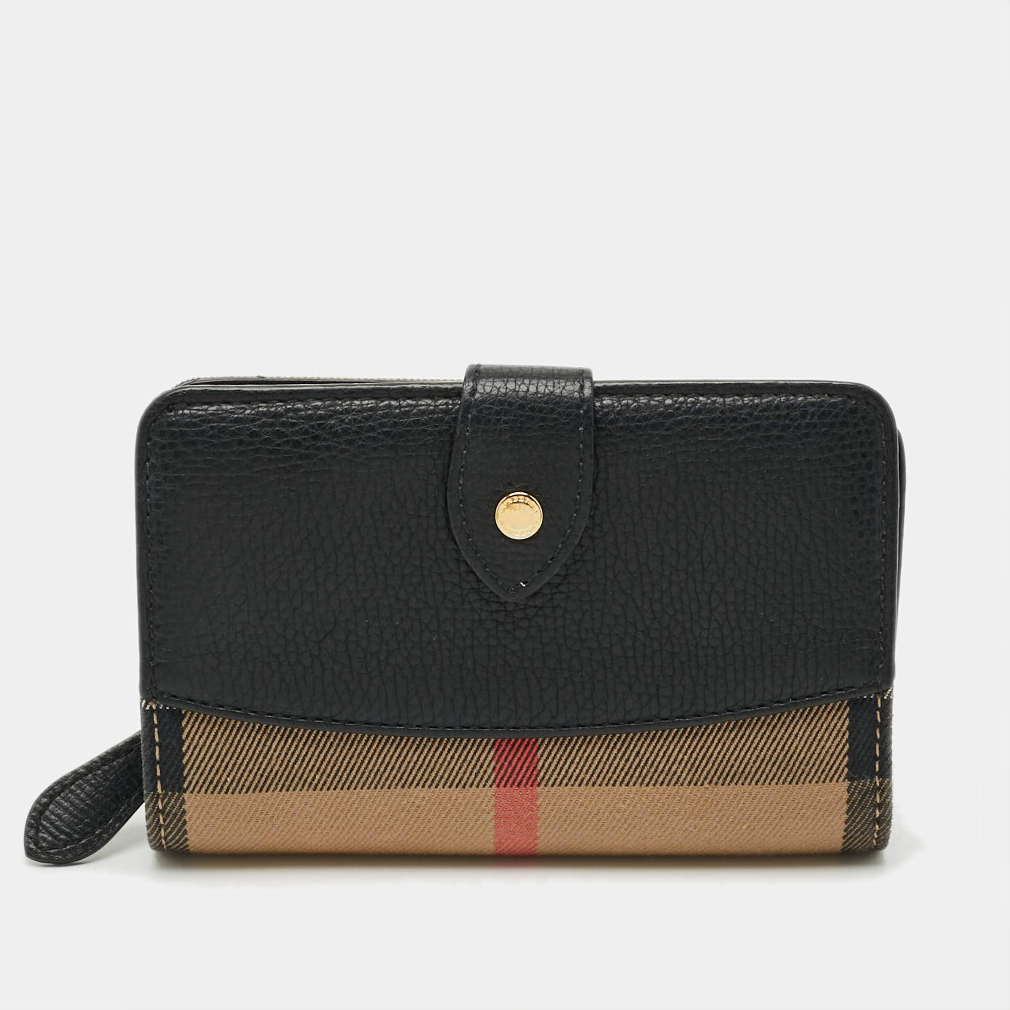 Pre Owned Burberry Finsbury Black/Beige House Check Canvas and Leather French Wallet