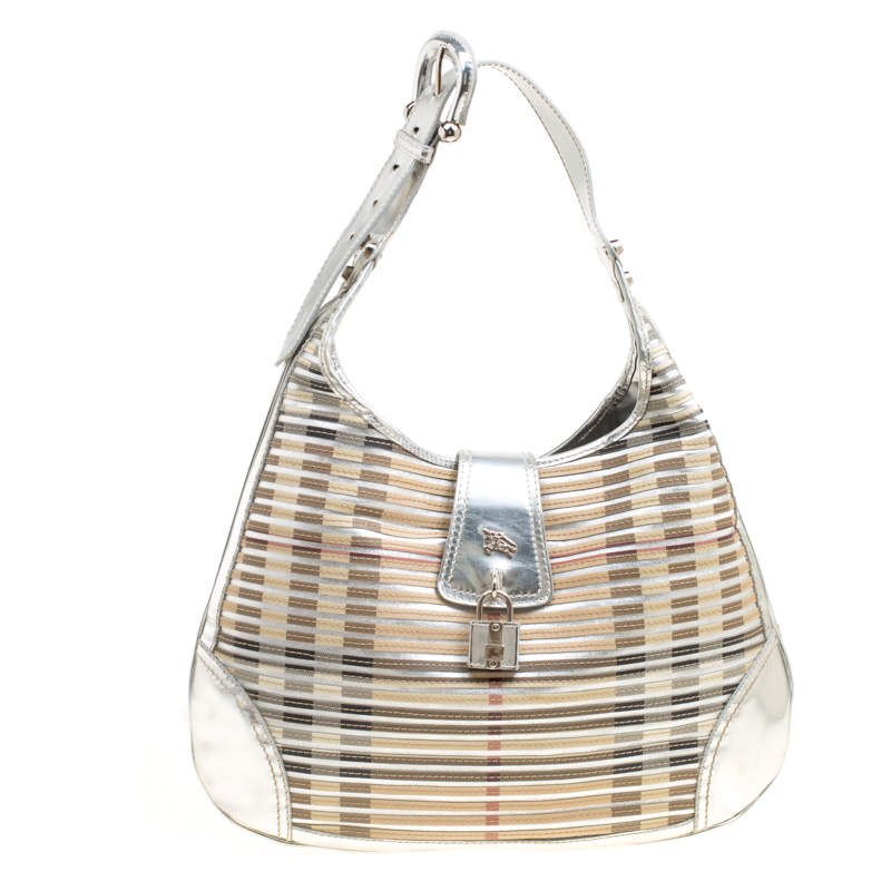 Pre Owned Burberry Silver Leather and Nova Check PVC Brooke Hobo