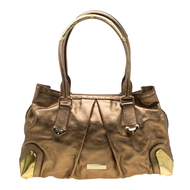 Pre Owned Burberry Gold Metallic Leather Satchel