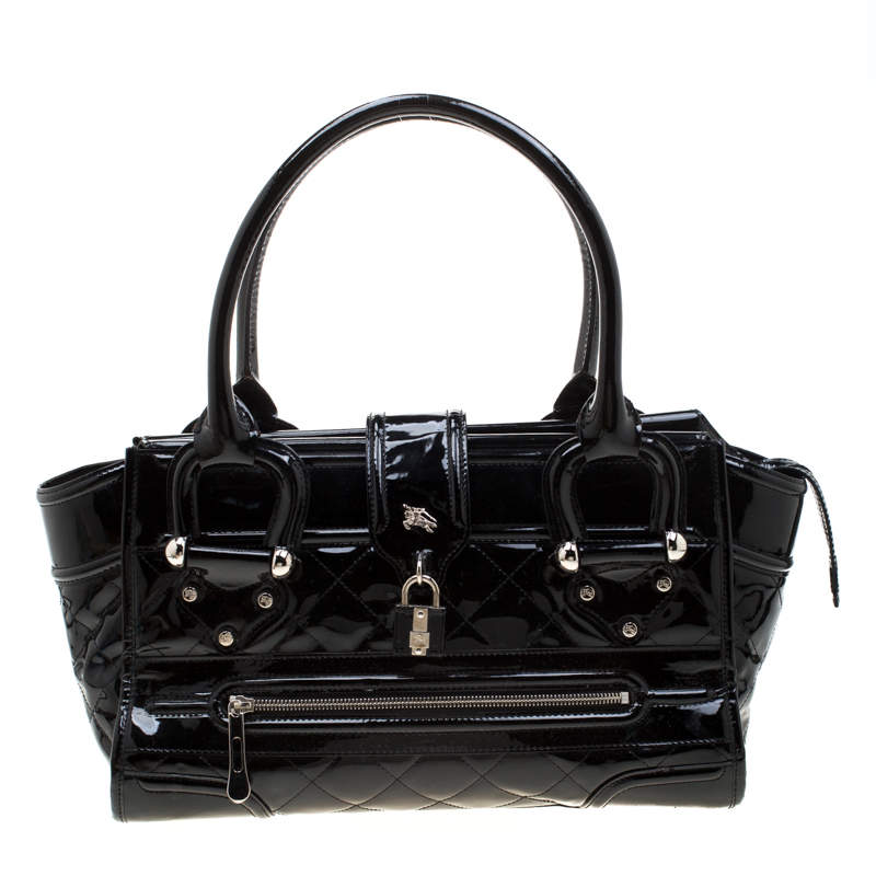 Pre Owned حقيبة بربري مانور جلد لامع مبطن أسود