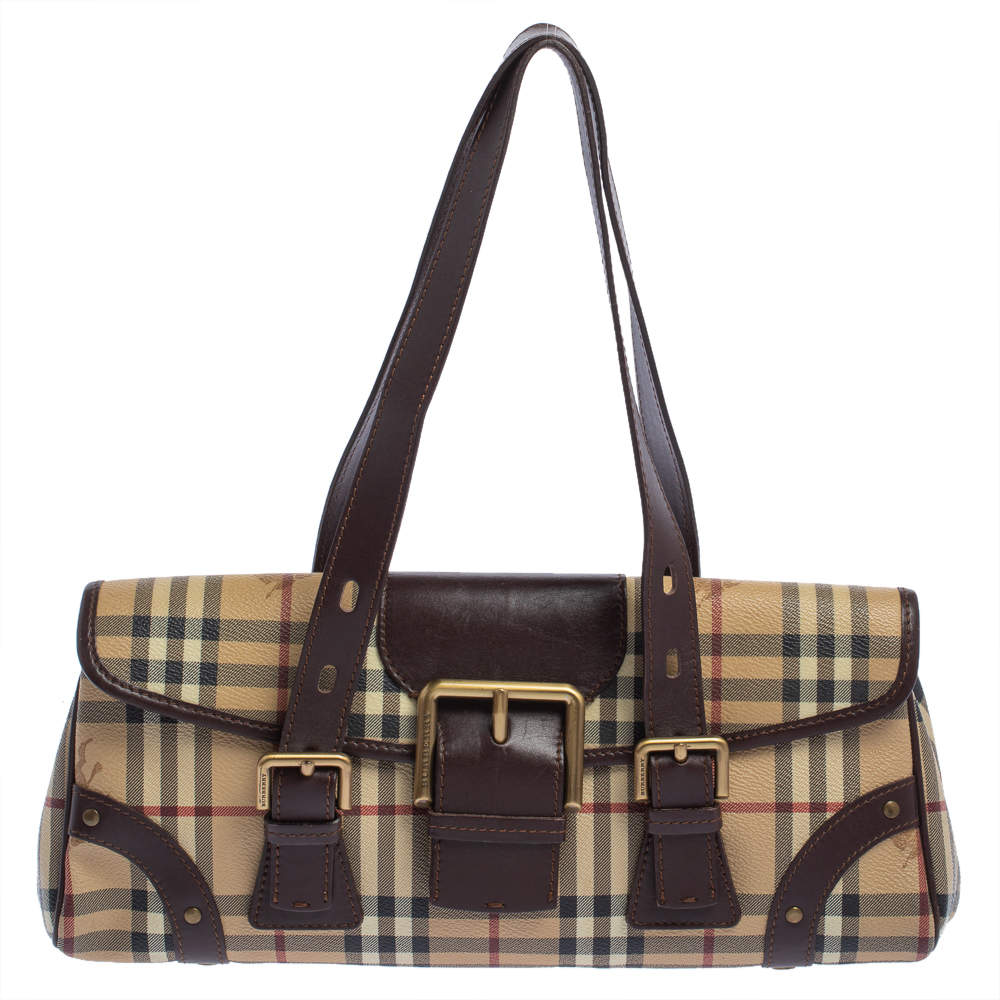 Burberry Brown Haymarket Check Coated Canvas and Leather Flap Shoulder Bag  Burberry
