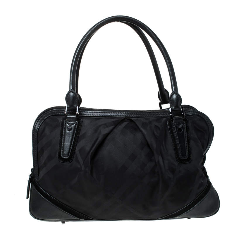 Pre Owned Burberry Black Nova Check Nylon and Leather Double Zip Satchel
