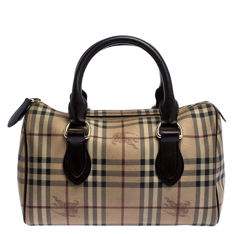 Burberry Brown Canvas Leather Horse Ferry Check Boston Bag