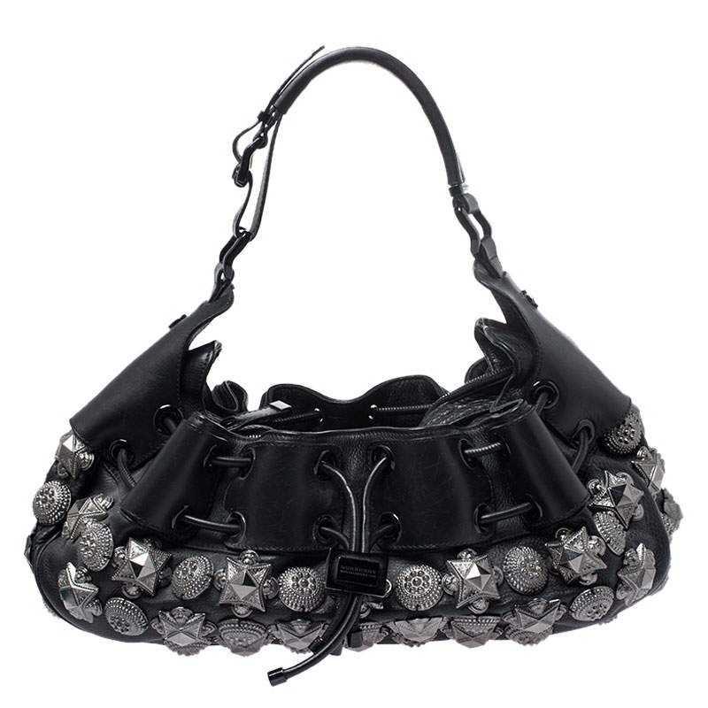 Pre Owned Burberry Prorsum Black Leather Studded Mason Warrior Hobo  
